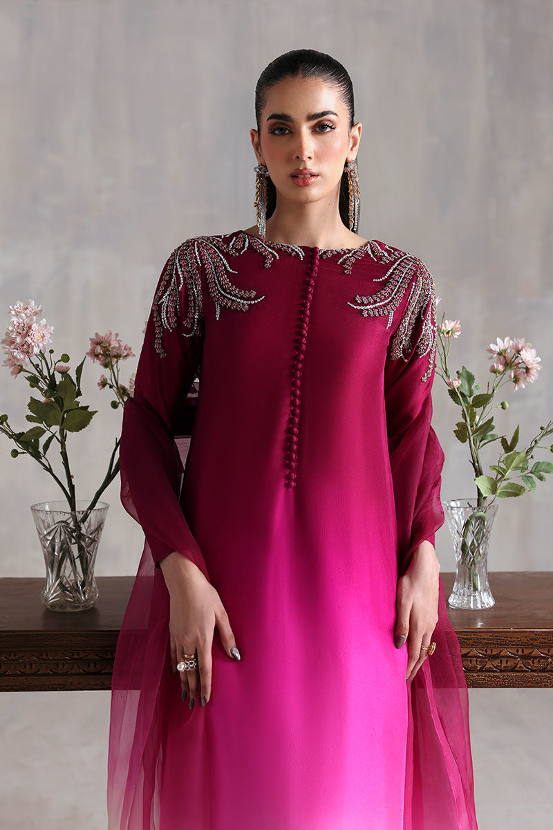 Pakistani shaded raw silk kaftan in purple and peach with lightweight organza dupatta – elegant outfit for Eid and formal parties in USA, UK, and Canada.

