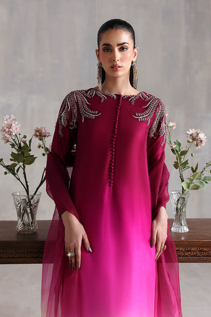Pakistani shaded raw silk kaftan in purple and peach with lightweight organza dupatta – elegant outfit for Eid and formal parties in USA, UK, and Canada.

