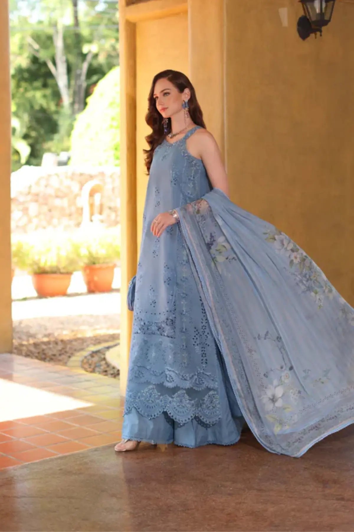 Saadia Asad Mirelle D3-A blue ash lawn suit with chiffon dupatta Noor Luxury Eid Schiffli ’26