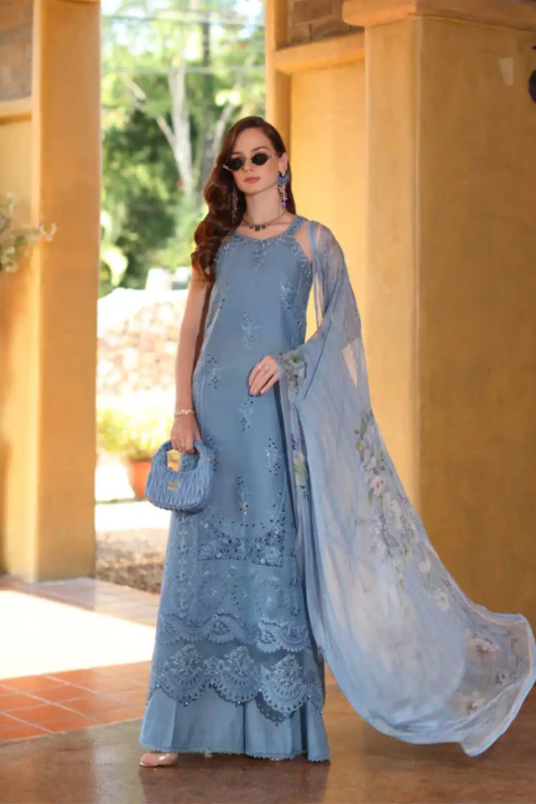 Saadia Asad Mirelle D3-A blue ash lawn suit with chiffon dupatta Noor Luxury Eid Schiffli ’26