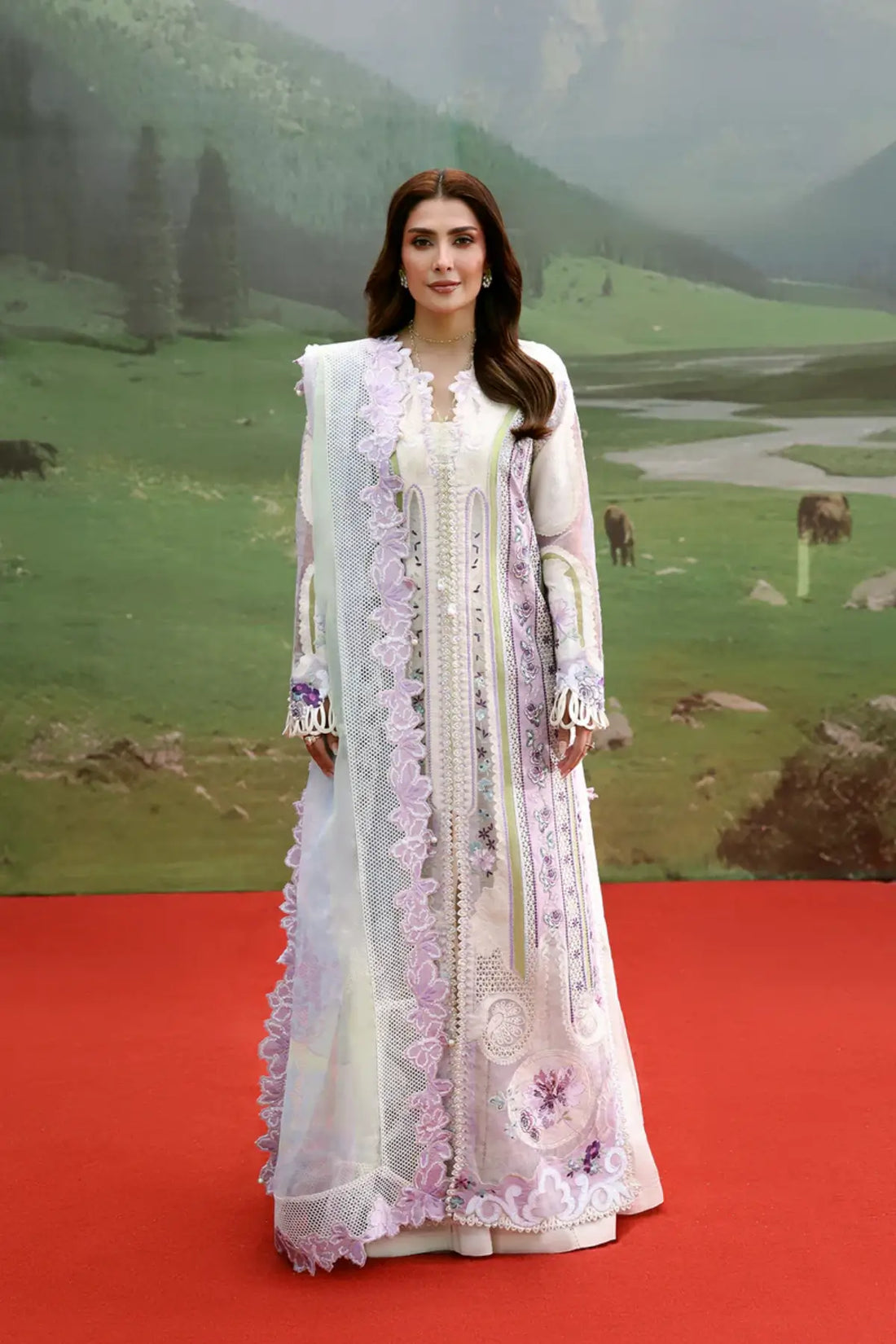 Miren by Afrozeh lilac lawn stitched suit with embroidered shirt and digital printed organza dupatta