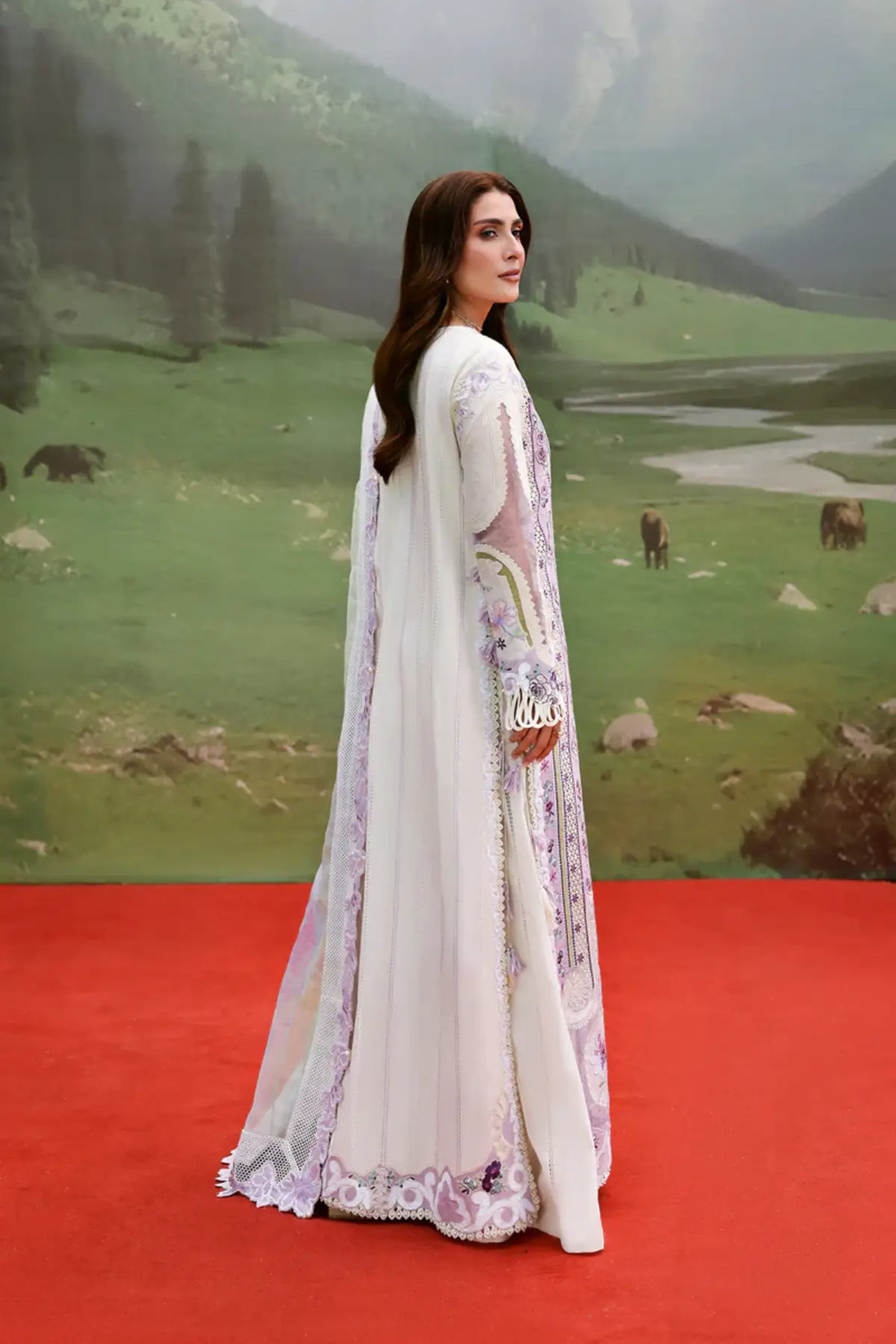 Miren by Afrozeh lilac lawn stitched suit with embroidered shirt and digital printed organza dupatta