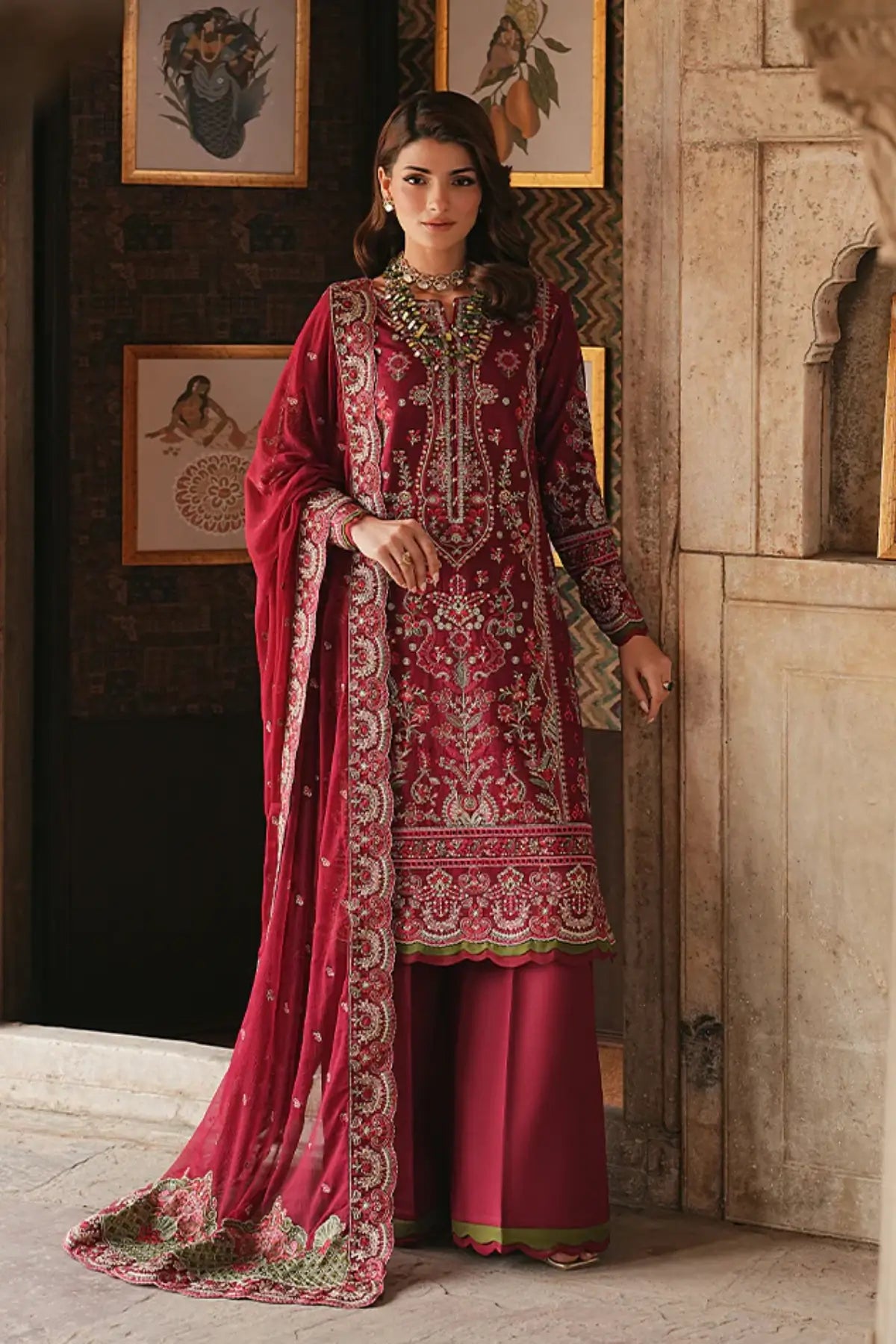 Mirevra by Gulaal Maisone red chikankari luxury lawn stitched 3 piece suit with embroidered chiffon dupatta