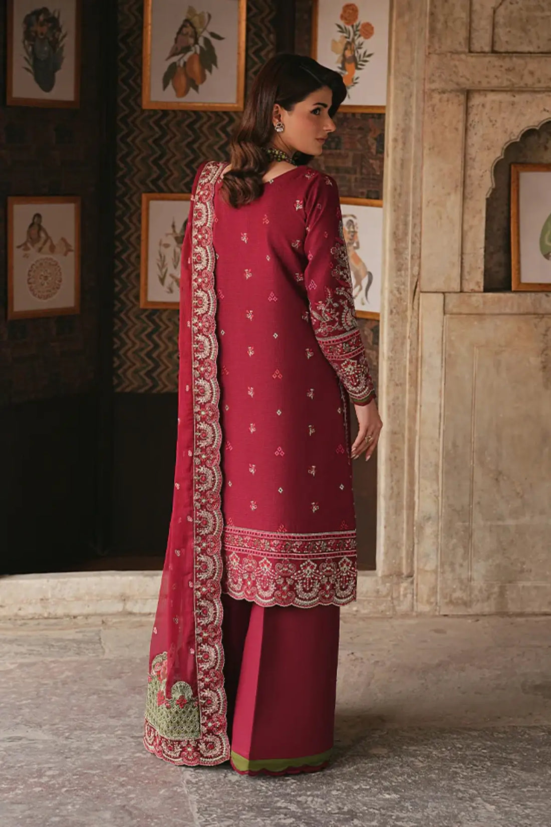 Mirevra by Gulaal Maisone red chikankari luxury lawn stitched 3 piece suit with embroidered chiffon dupatta