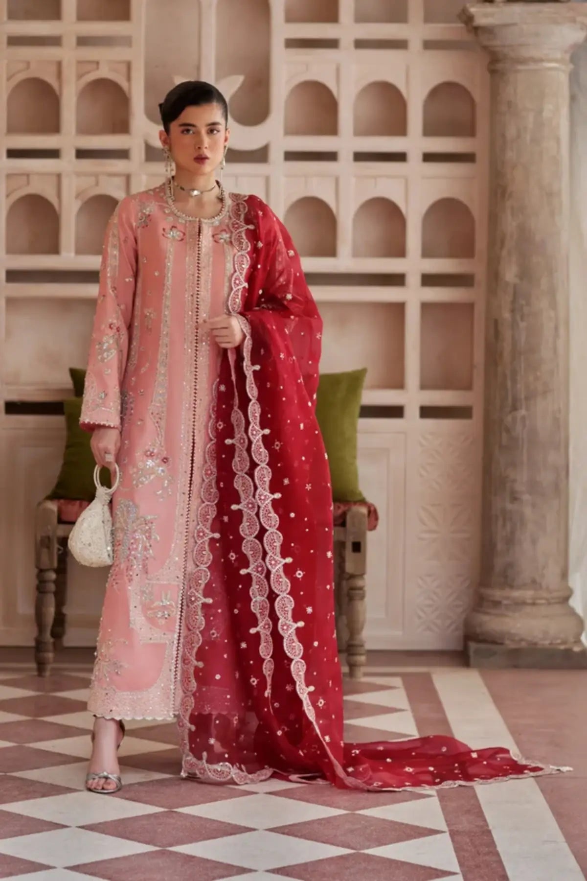 Mireya Soraya Silk Edit '26 pink formal silk embroidered stitched 3PC suit with coral organza dupatta
