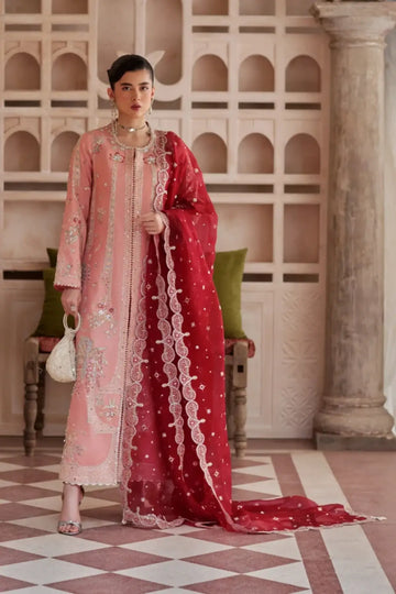 Mireya Soraya Silk Edit '26 pink formal silk embroidered stitched 3PC suit with coral organza dupatta