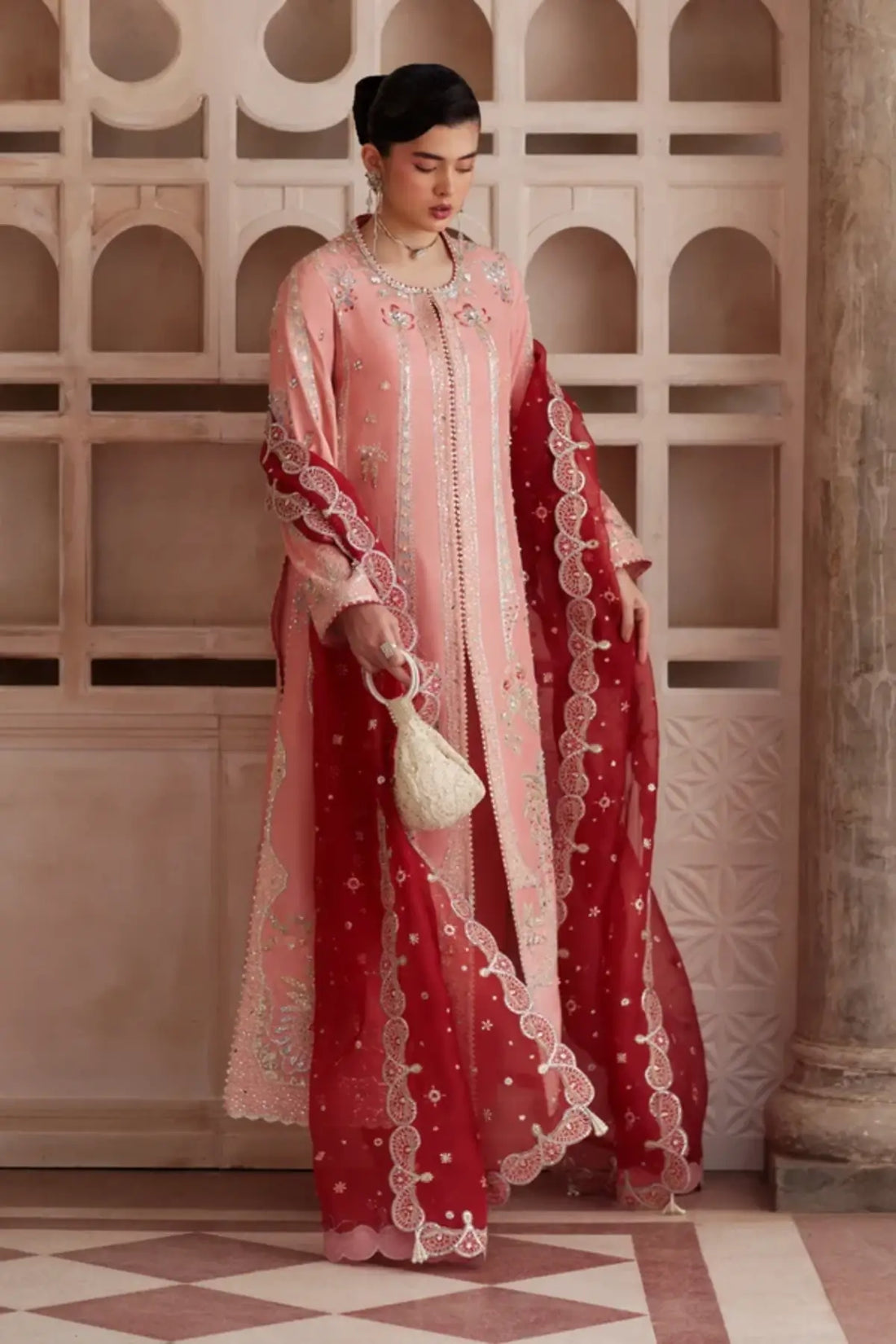 Mireya Soraya Silk Edit '26 pink formal silk embroidered stitched 3PC suit with coral organza dupatta