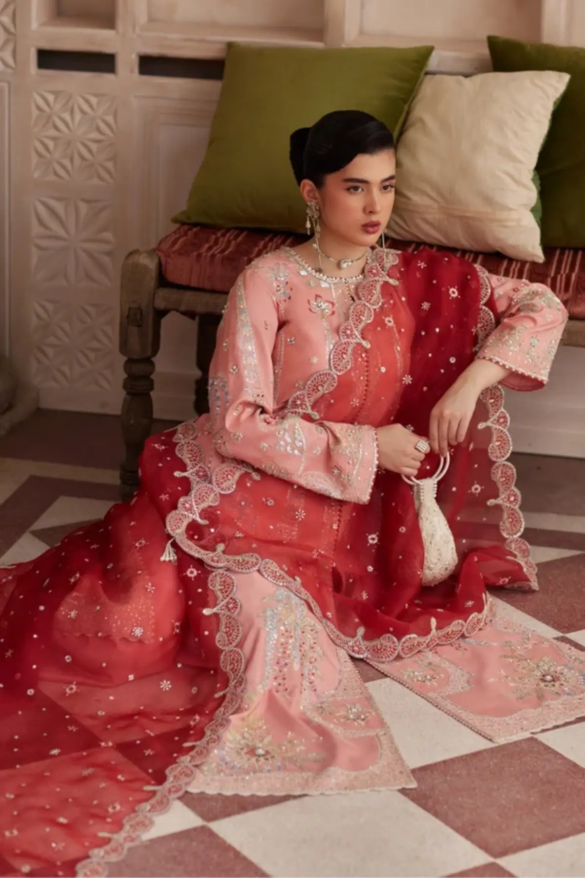 Mireya Soraya Silk Edit '26 pink formal silk embroidered stitched 3PC suit with coral organza dupatta