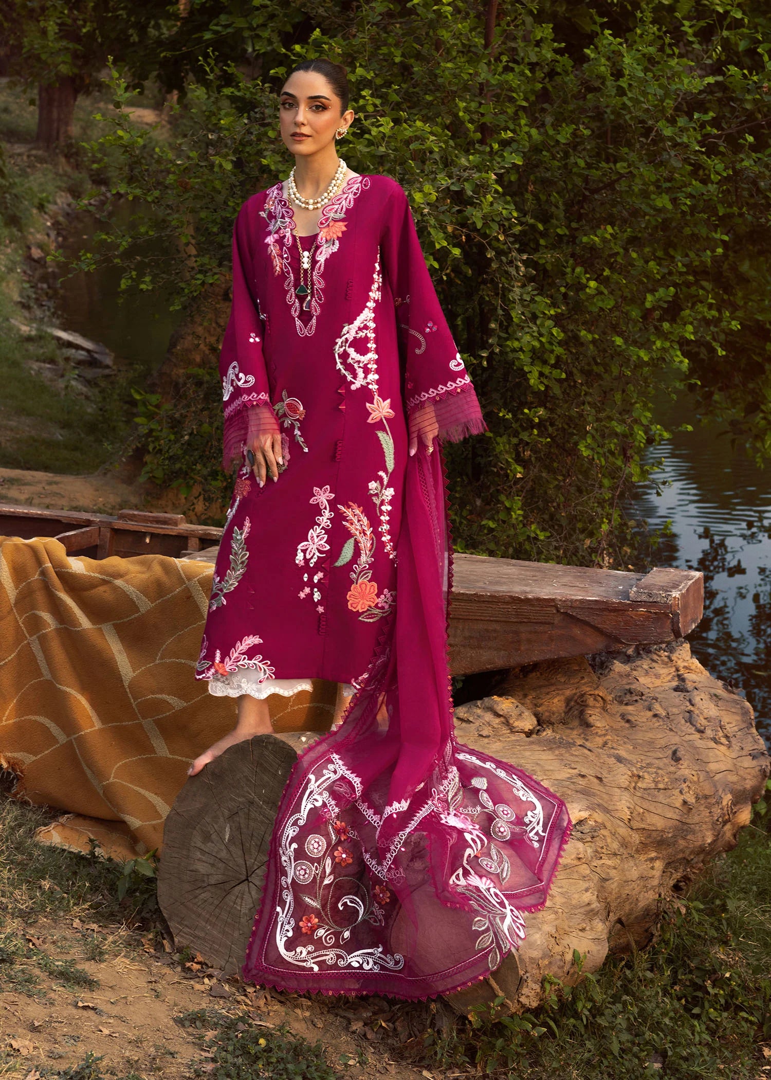 Mirror Garden-D3 A-Cherry red embroidered traditional outfit for women by Crimson