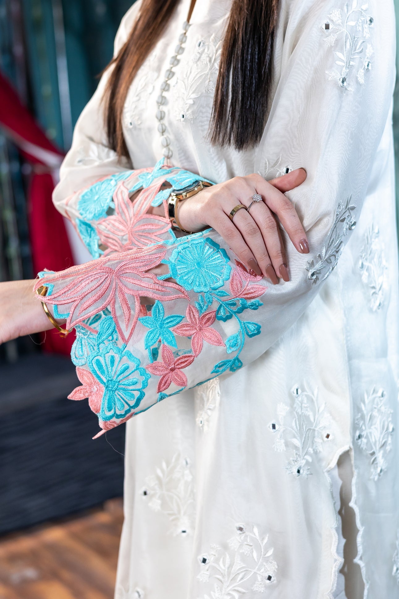 Mishal off-white organza Pakistani suit by MariamRaj exclusively at Pakistanimoda