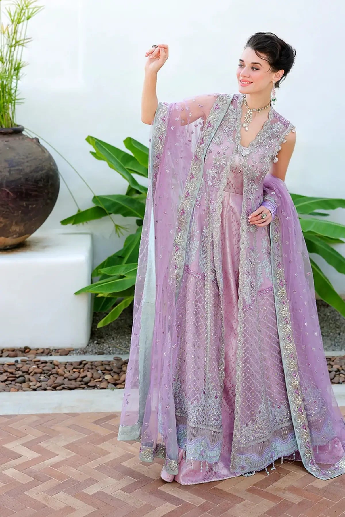 Miss Mischief lilac hand embellished sequinned chiffon reception dress with jamawar lehenga, handcrafted tassels and sequinned net dupatta