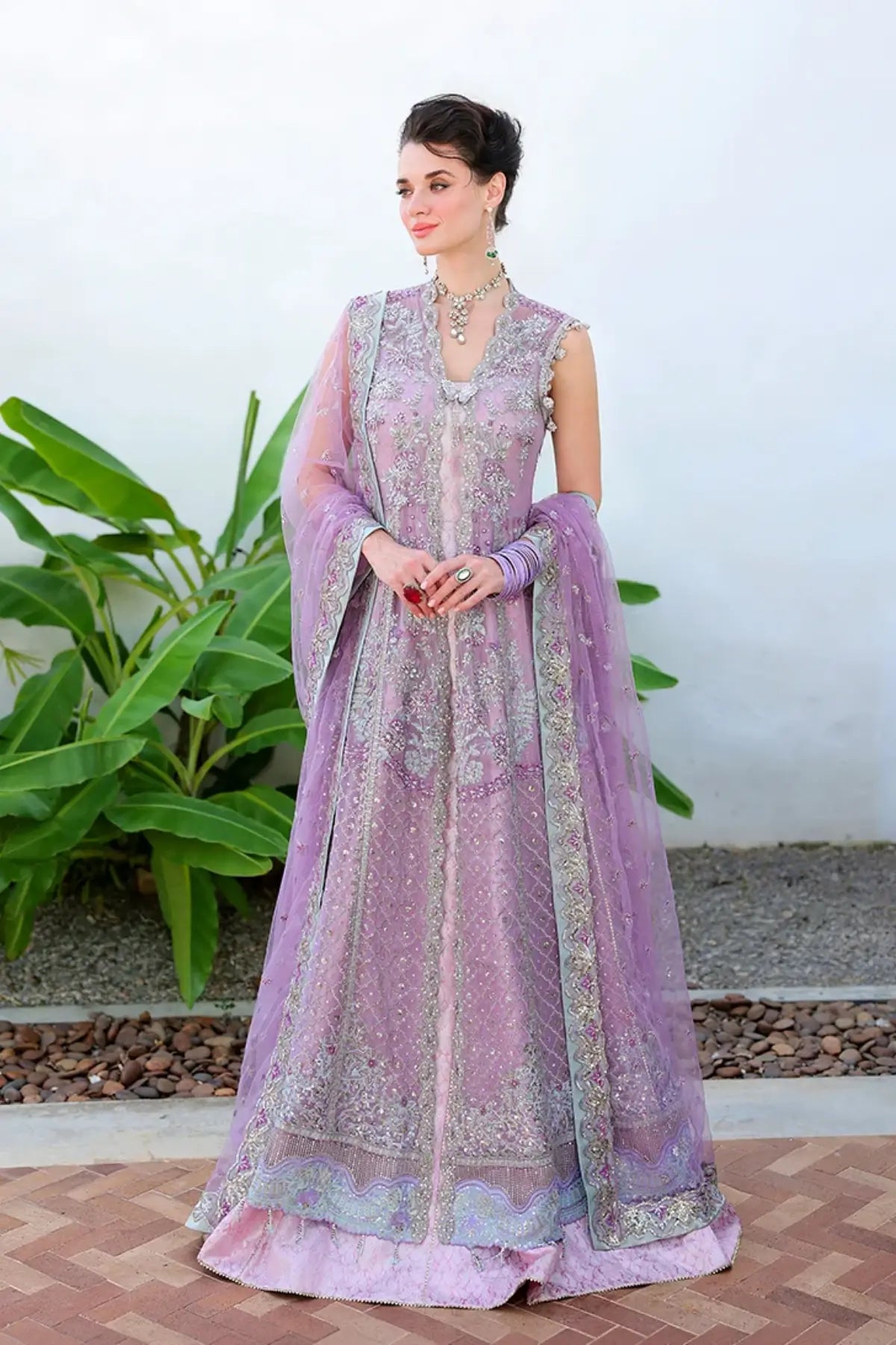 Miss Mischief lilac hand embellished sequinned chiffon reception dress with jamawar lehenga, handcrafted tassels and sequinned net dupatta
