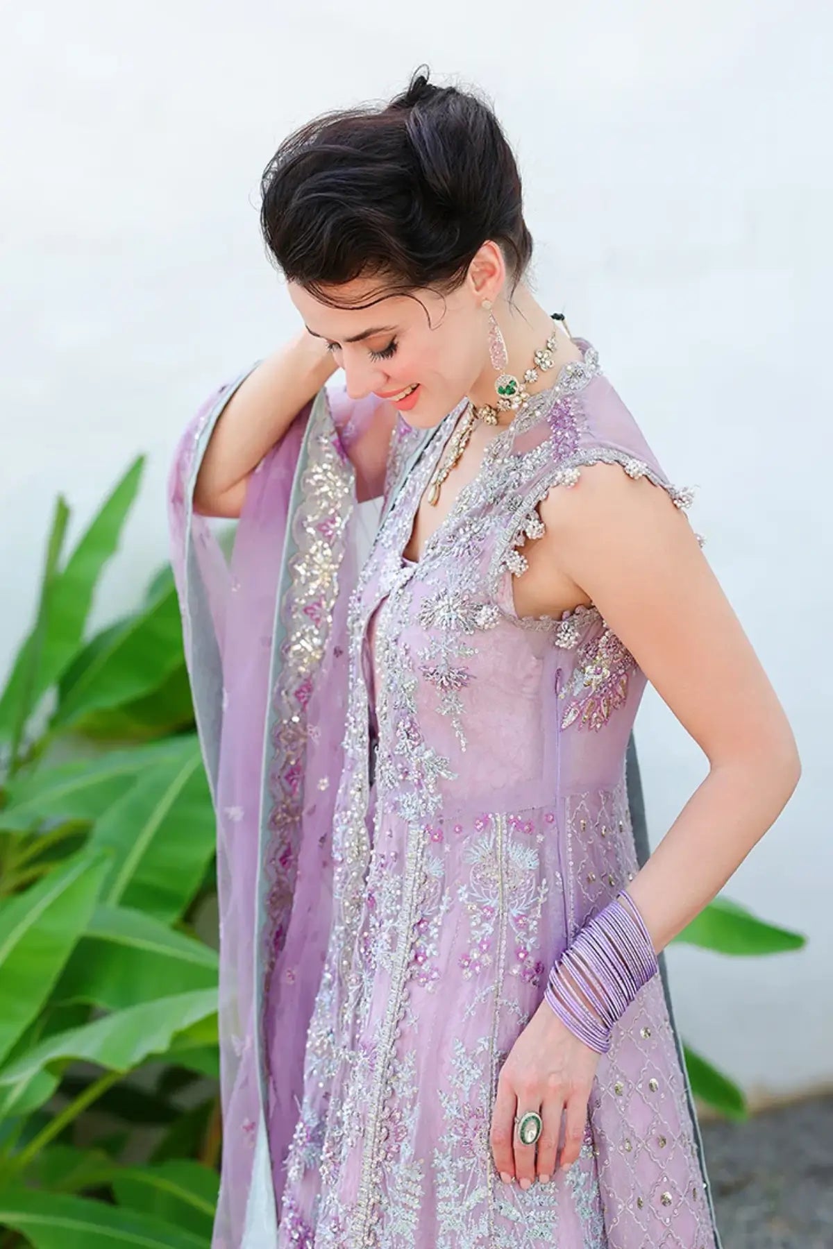 Miss Mischief lilac hand embellished sequinned chiffon reception dress with jamawar lehenga, handcrafted tassels and sequinned net dupatta