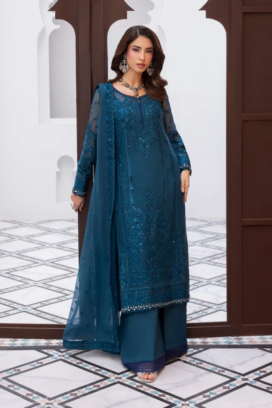 Mist Gulaal Maeri Luxury Chiffon Teal Embroidered Stitched 3PC Suit by Pakistanimoda