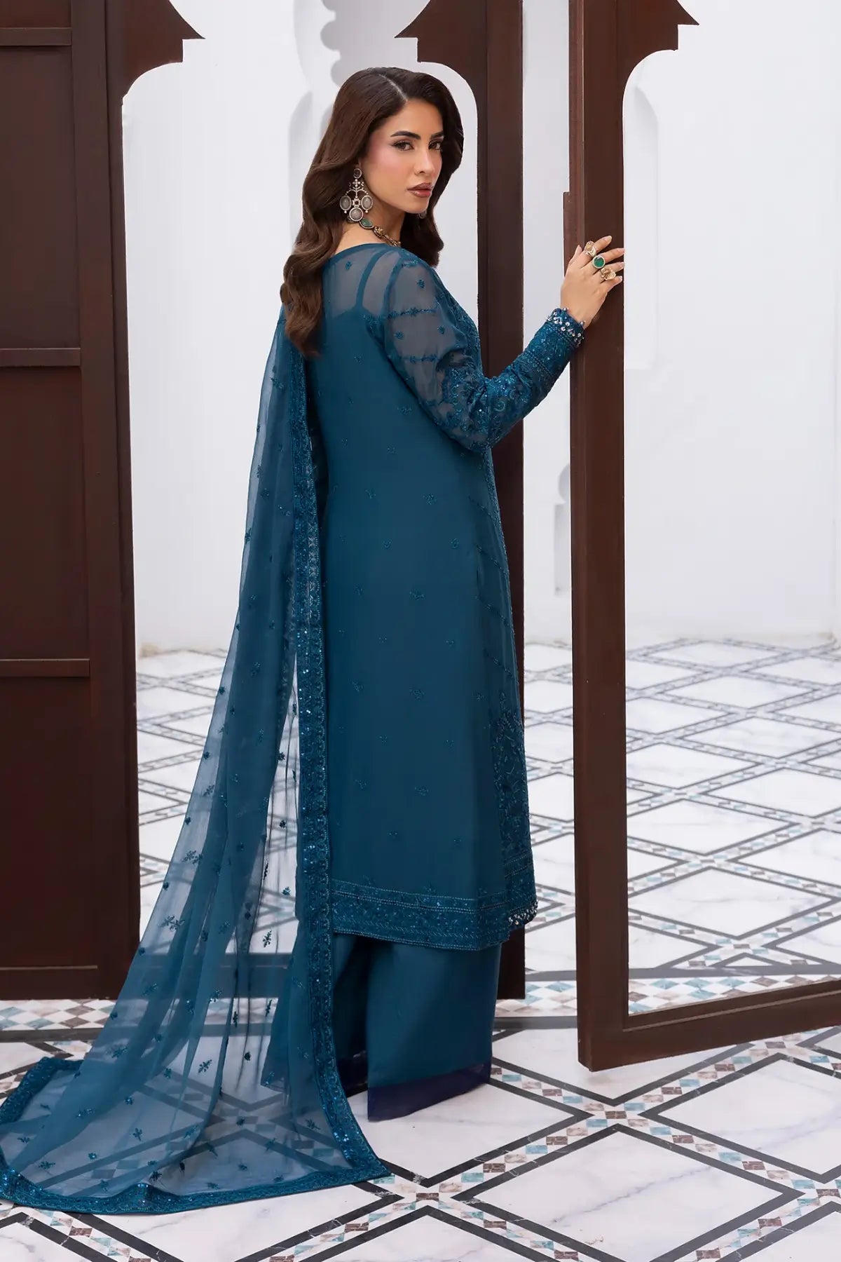 Mist Gulaal Maeri Luxury Chiffon Teal Embroidered Stitched 3PC Suit by Pakistanimoda