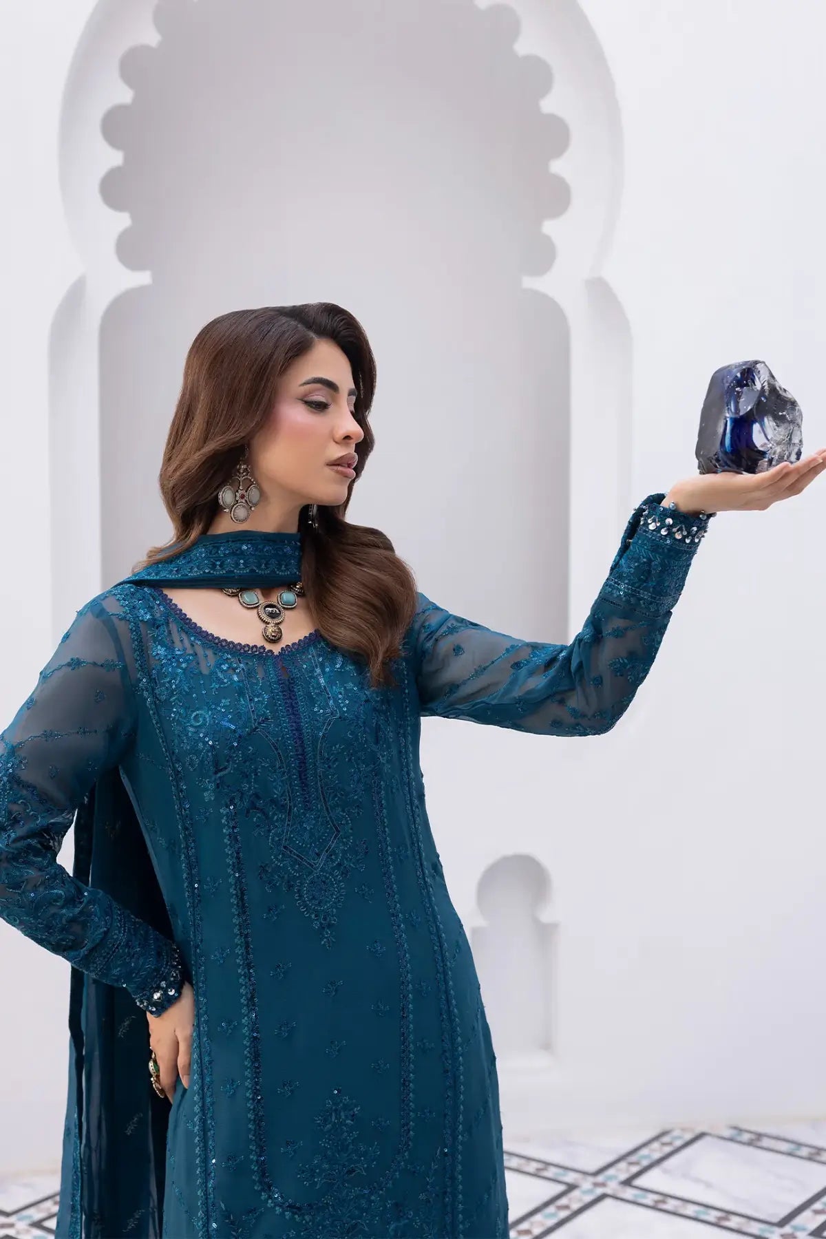 Mist Gulaal Maeri Luxury Chiffon Teal Embroidered Stitched 3PC Suit by Pakistanimoda