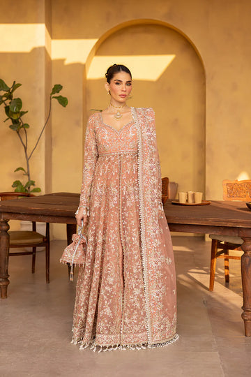 Peach pink organza dress with embroidery, dupatta & silk trousers.