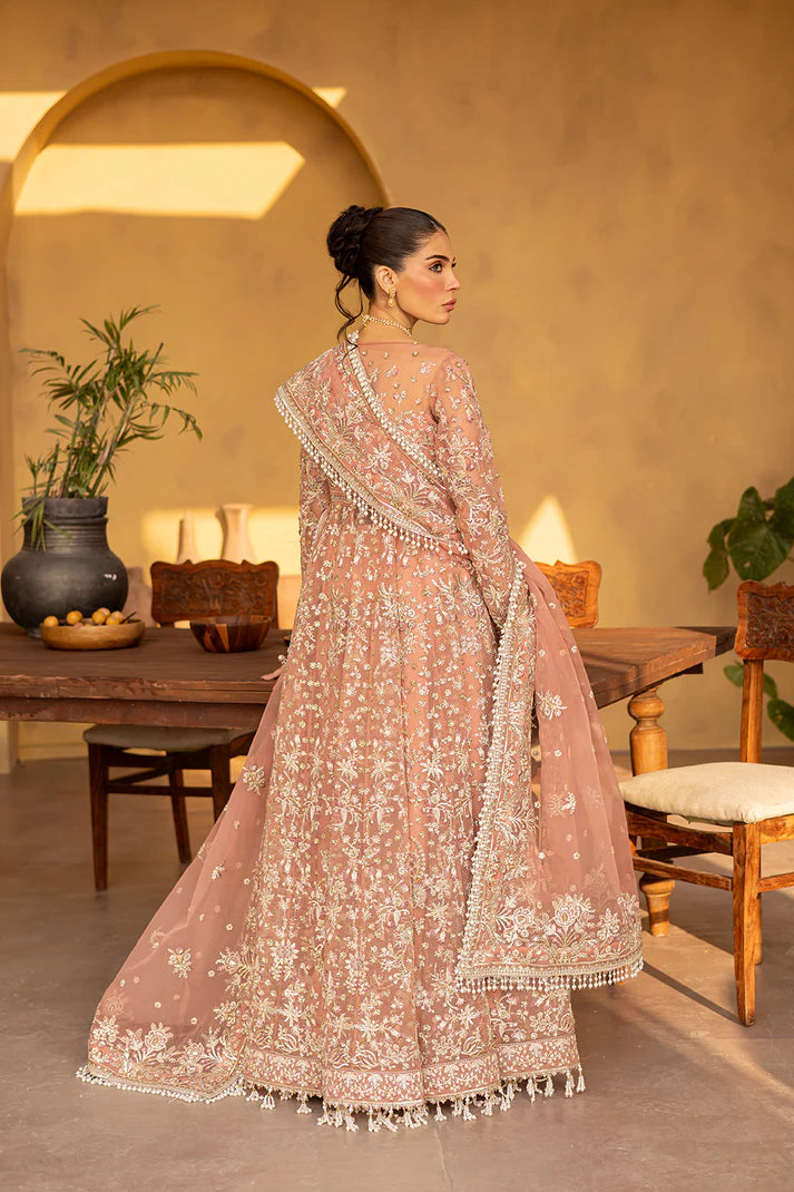 Peach pink organza dress with embroidery, dupatta & silk trousers.