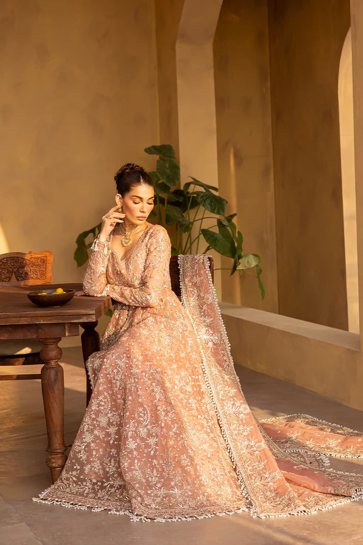 Peach pink organza dress with embroidery, dupatta & silk trousers.