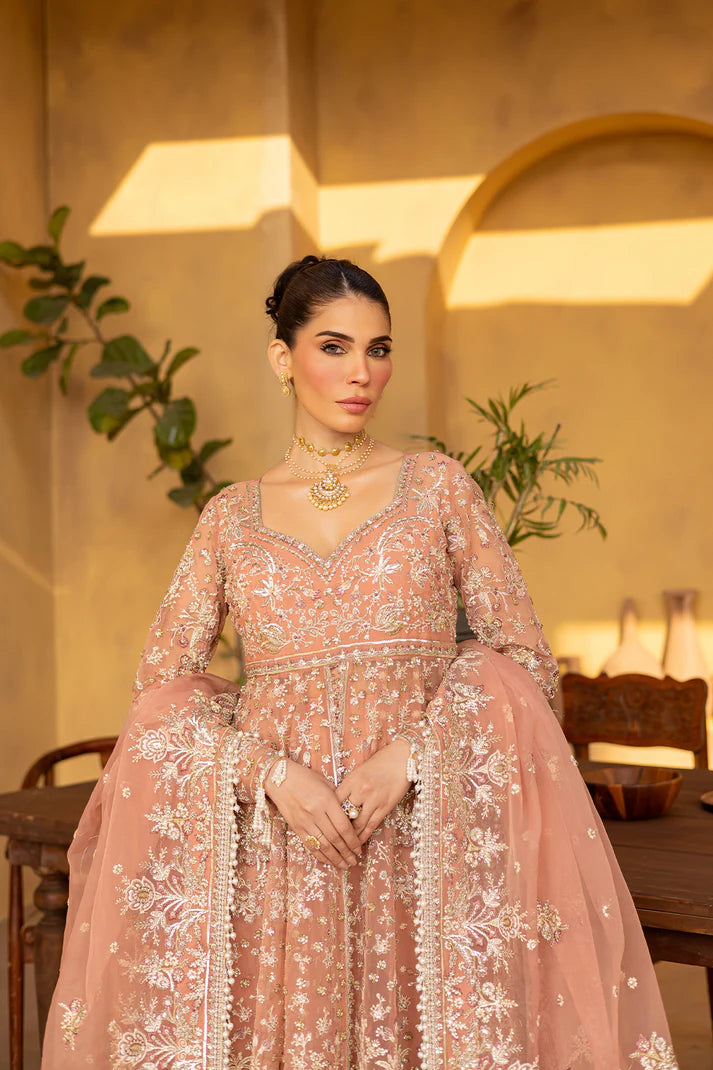 Peach pink organza dress with embroidery, dupatta & silk trousers.