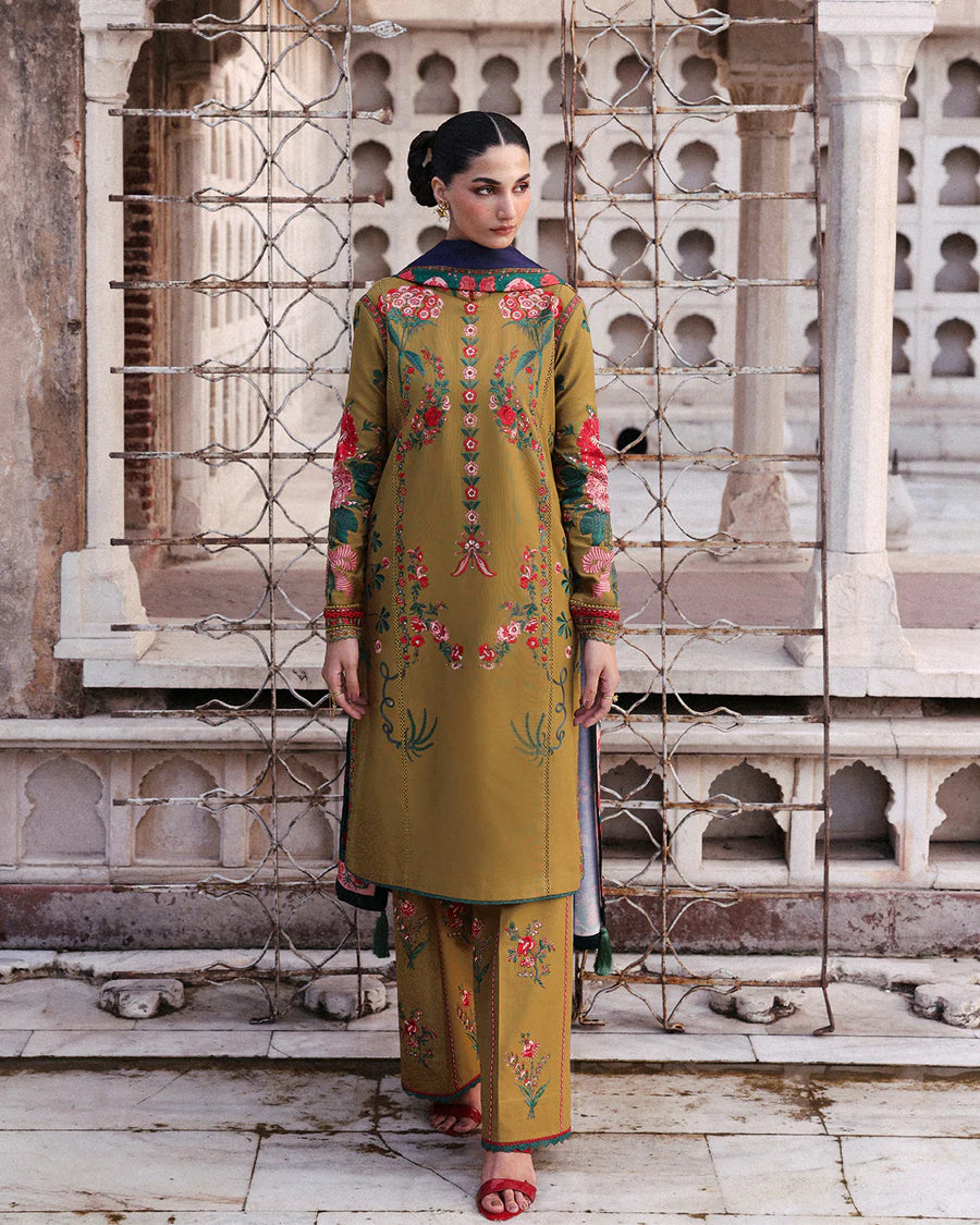 Stitched Jugnu Lahore Mitra Mustard Floral Khaddar 3pc with wool shawl, embroidered shirt and trousers, available at Pakistanimoda.