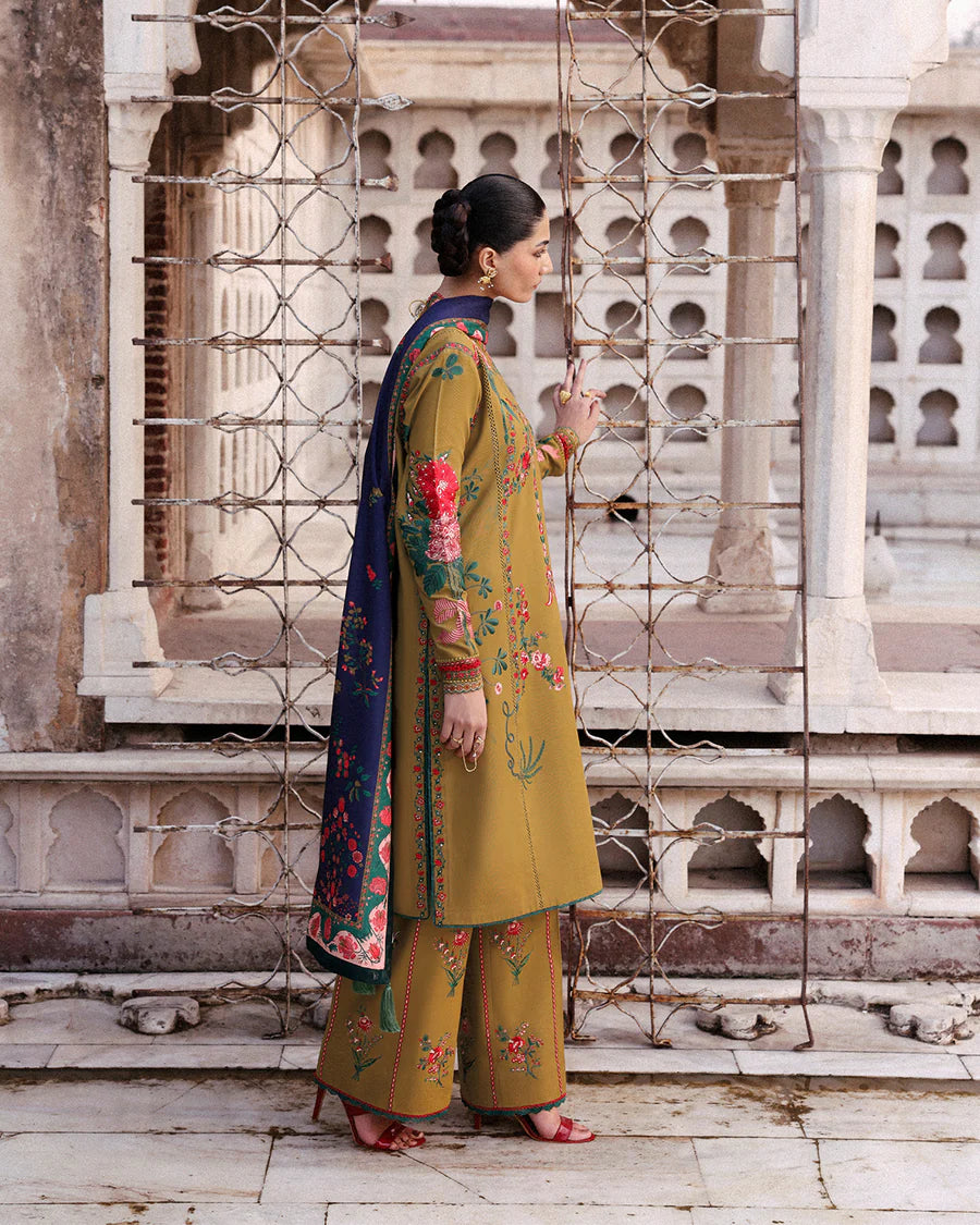 Stitched Jugnu Lahore Mitra Mustard Floral Khaddar 3pc with wool shawl, embroidered shirt and trousers, available at Pakistanimoda.