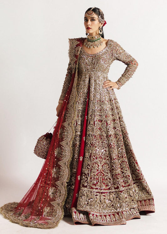 Mona - Radiant Bridal Front Open Pishwas with Lehenga By Hussain Rehar