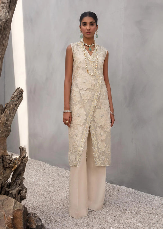 Angrakha crossover shirt in Korean raw silk with crystal florals and silk pants.