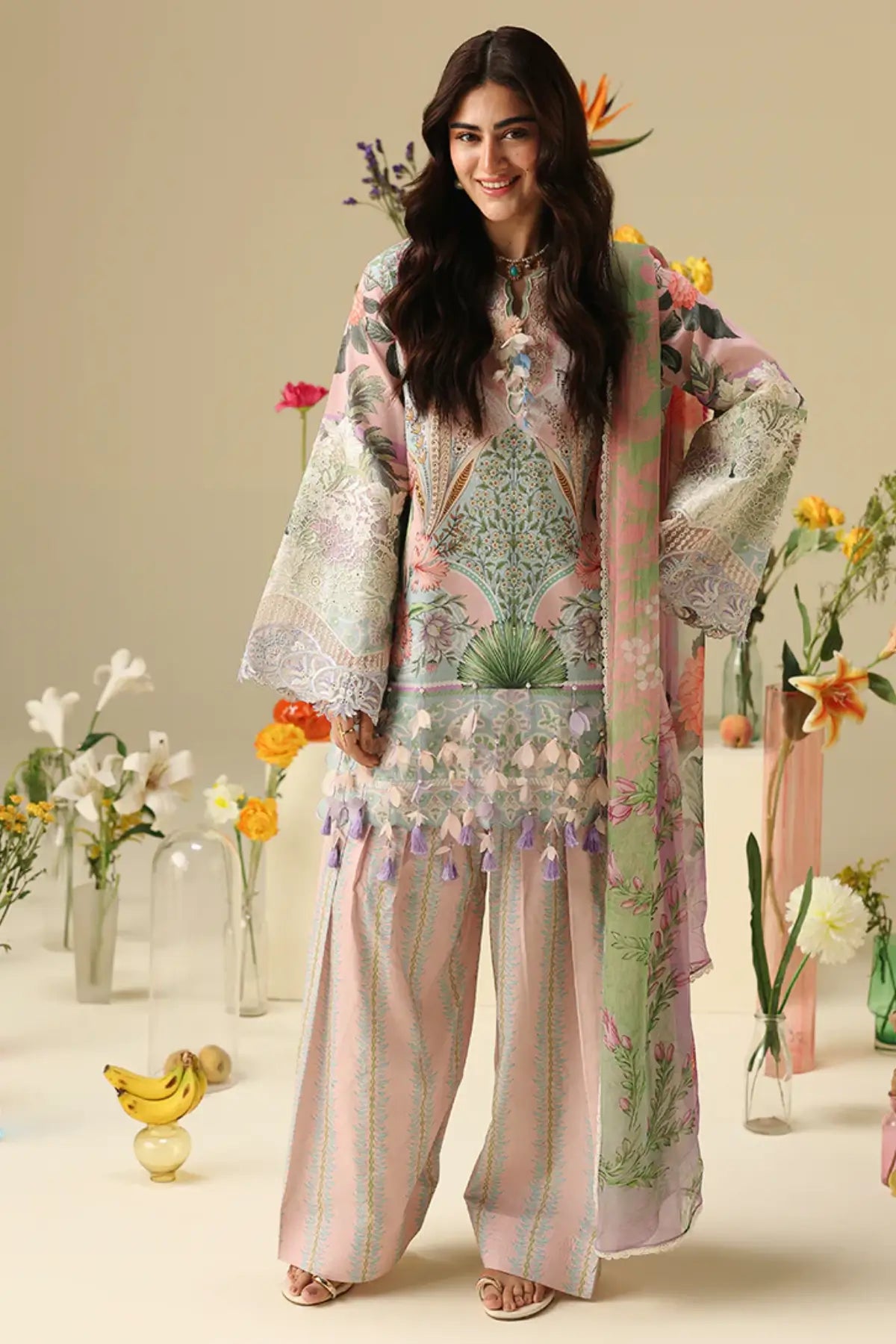 Moonlit Dolce Mushq Soleil Prints pink stitched lawn 3PC suit with chiffon dupatta and embroidered sleeve motifs