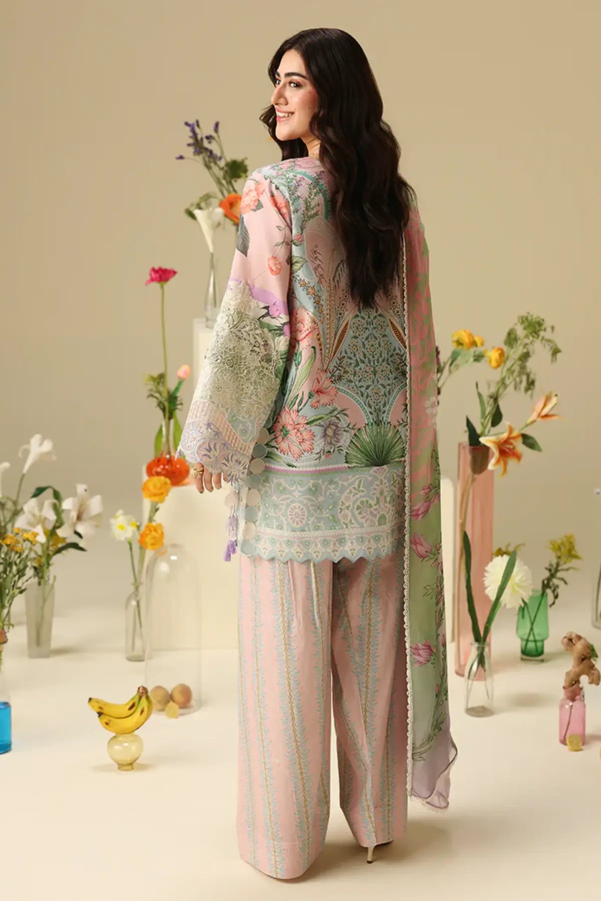 Moonlit Dolce Mushq Soleil Prints pink stitched lawn 3PC suit with chiffon dupatta and embroidered sleeve motifs