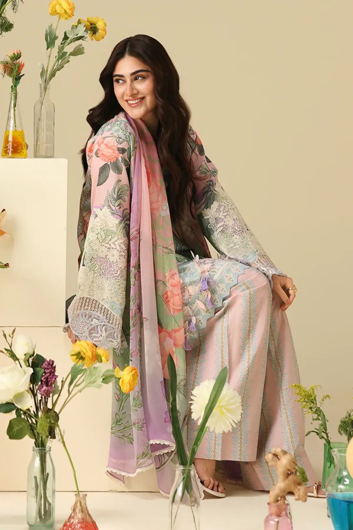 Moonlit Dolce Mushq Soleil Prints pink stitched lawn 3PC suit with chiffon dupatta and embroidered sleeve motifs