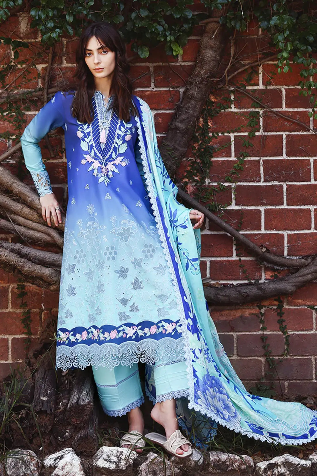 Moonlit Ease Mushq ombre blue chikankari lawn 3pc stitched suit with silk dupatta
