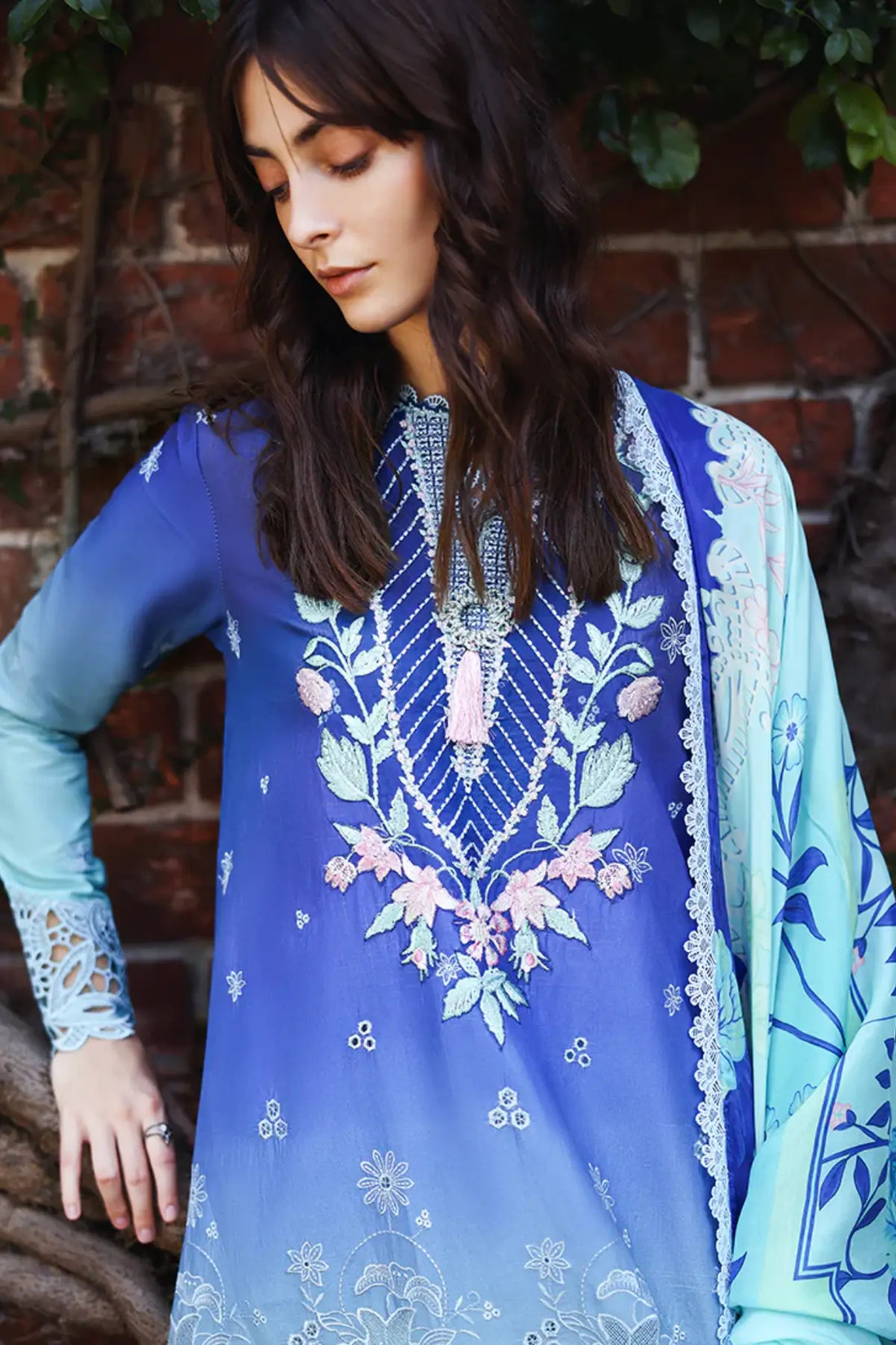 Moonlit Ease Mushq ombre blue chikankari lawn 3pc stitched suit with silk dupatta
