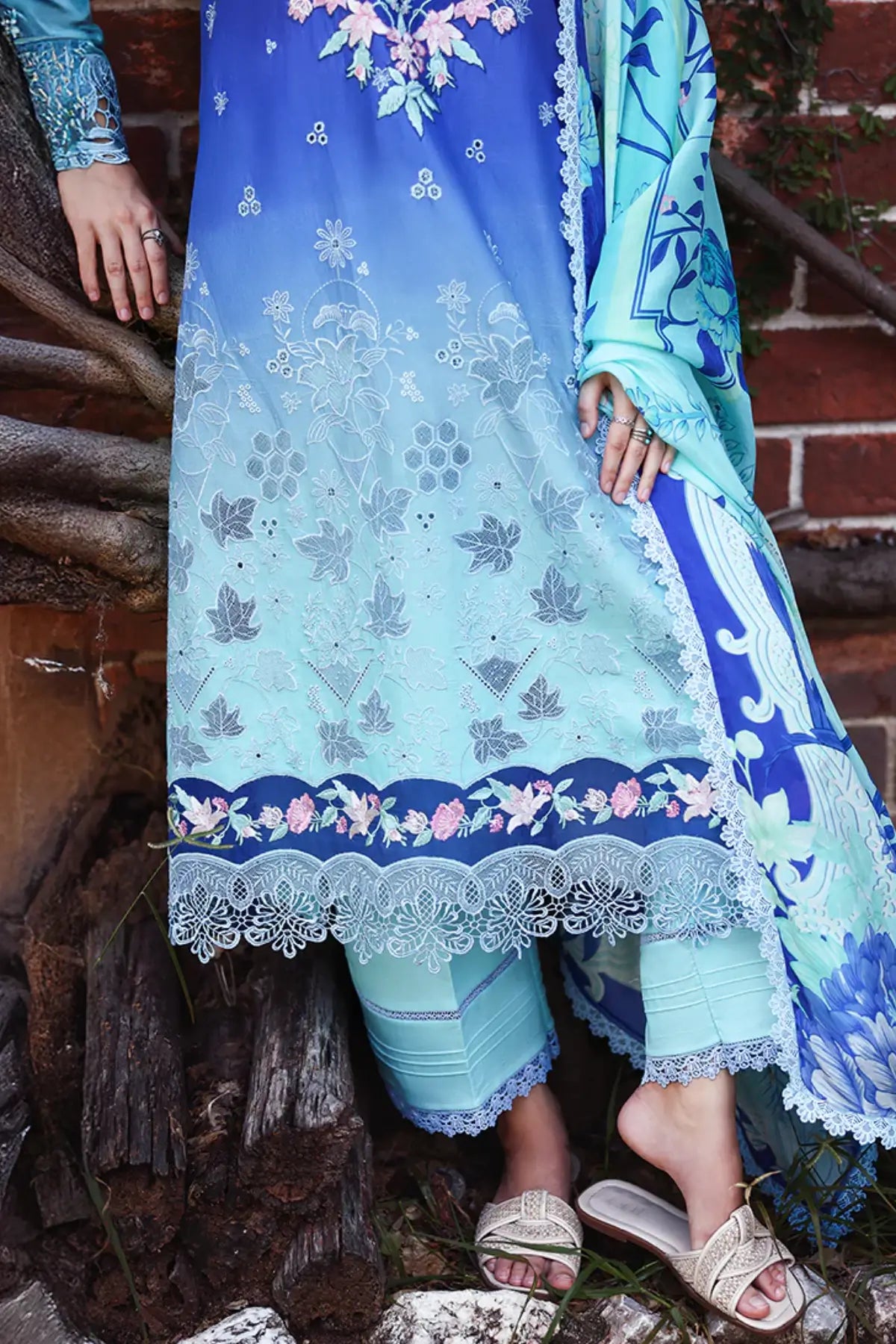 Moonlit Ease Mushq ombre blue chikankari lawn 3pc stitched suit with silk dupatta
