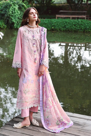 Moonpetal pink Mushq lawn 3PC suit with silk dupatta and 3D flower detailing