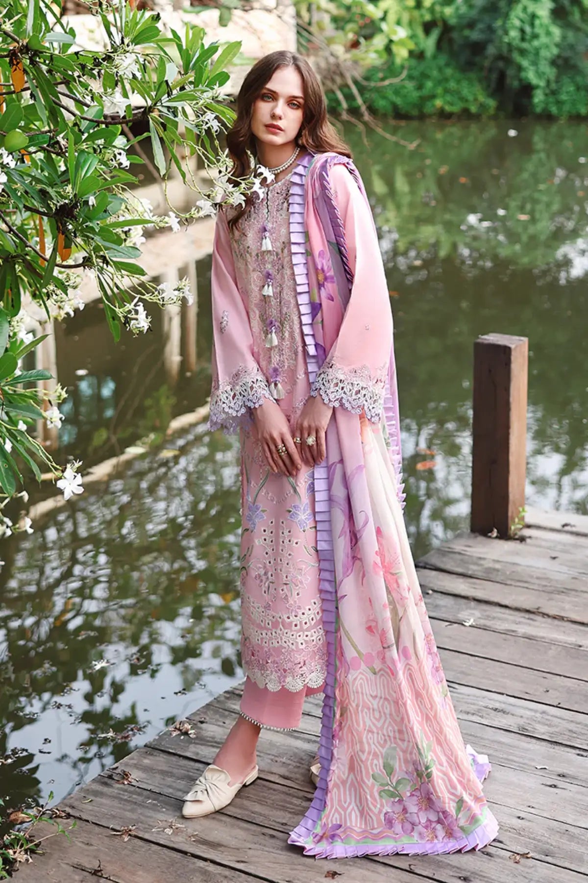 Moonpetal pink Mushq lawn 3PC suit with silk dupatta and 3D flower detailing