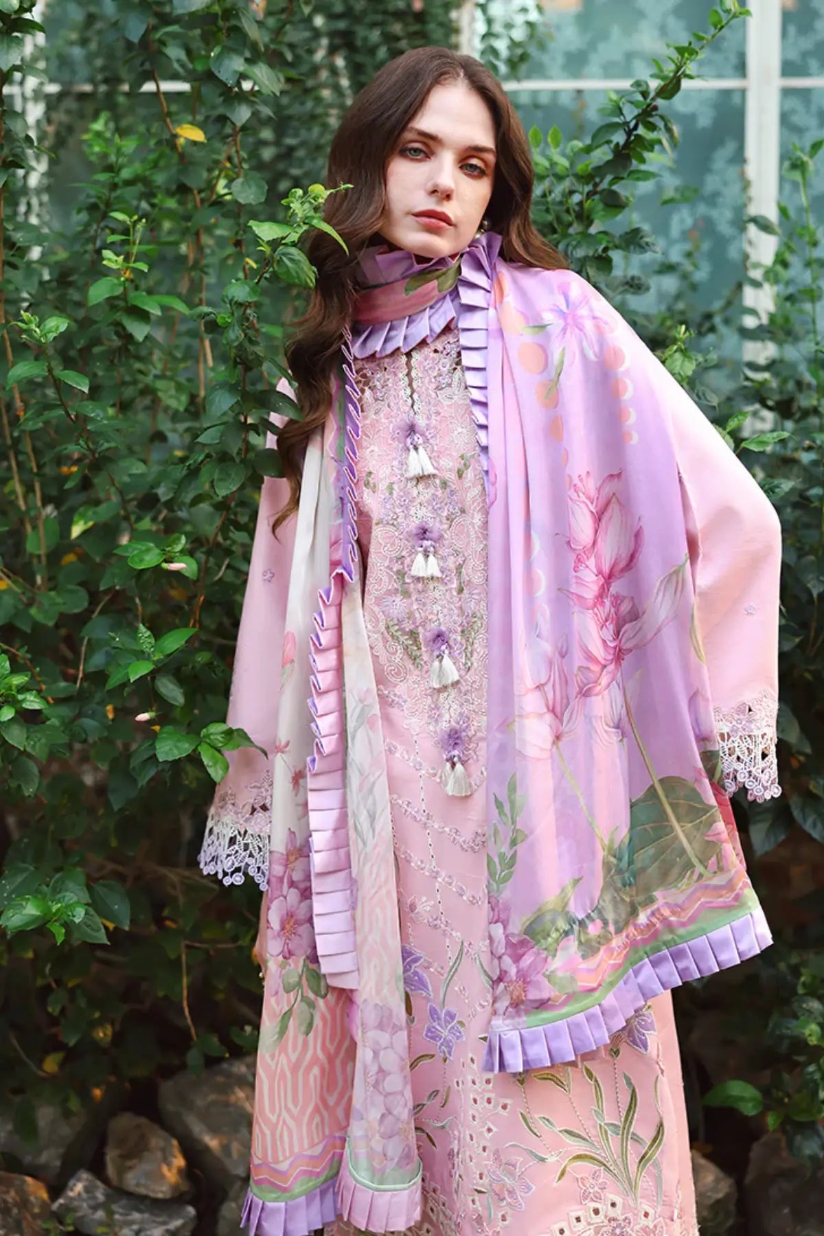 Moonpetal pink Mushq lawn 3PC suit with silk dupatta and 3D flower detailing