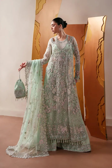 Moonstone Gleam Emaan Adeel mint green embroidered organza formal 3PC suit with dupatta and raw silk trouser