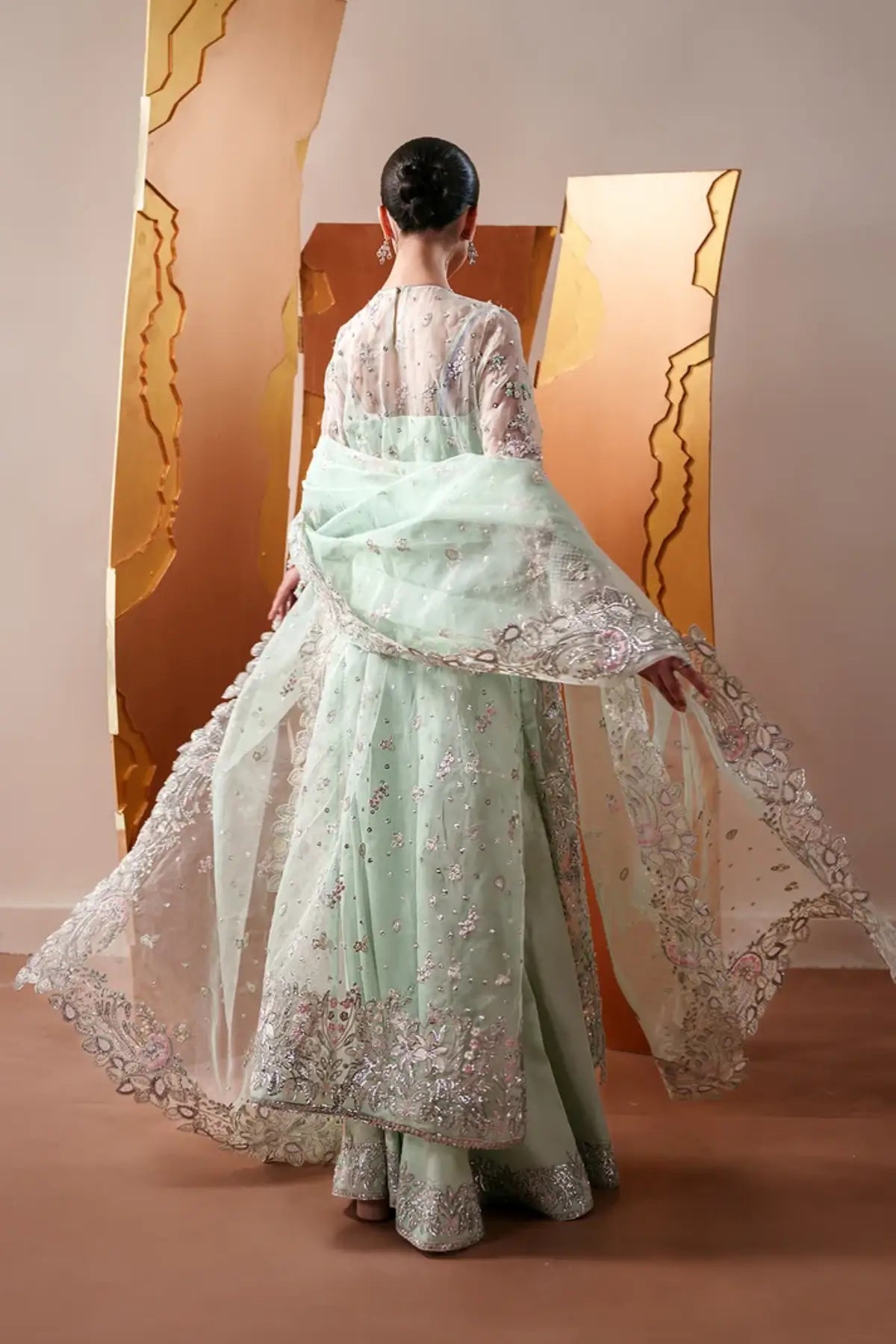 Moonstone Gleam Emaan Adeel mint green embroidered organza formal 3PC suit with dupatta and raw silk trouser