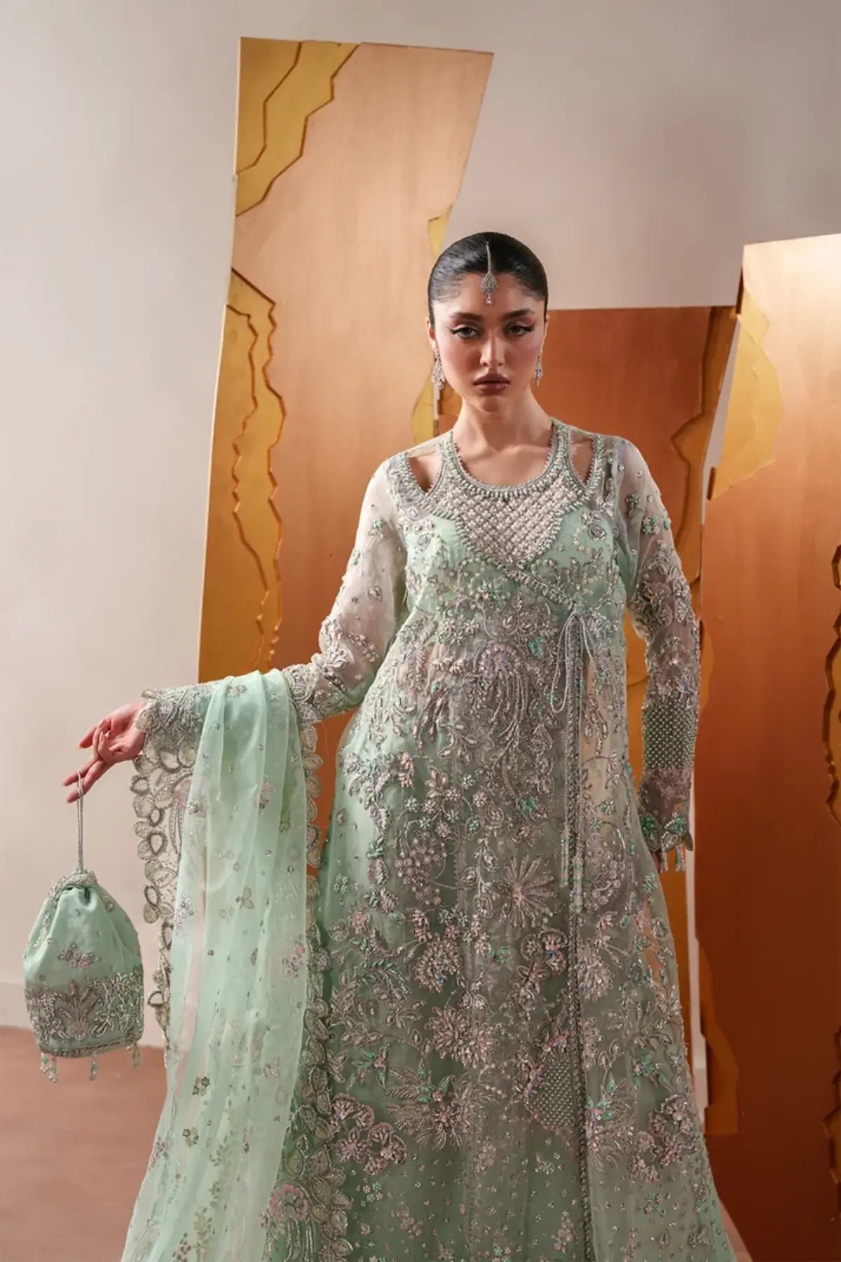 Moonstone Gleam Emaan Adeel mint green embroidered organza formal 3PC suit with dupatta and raw silk trouser