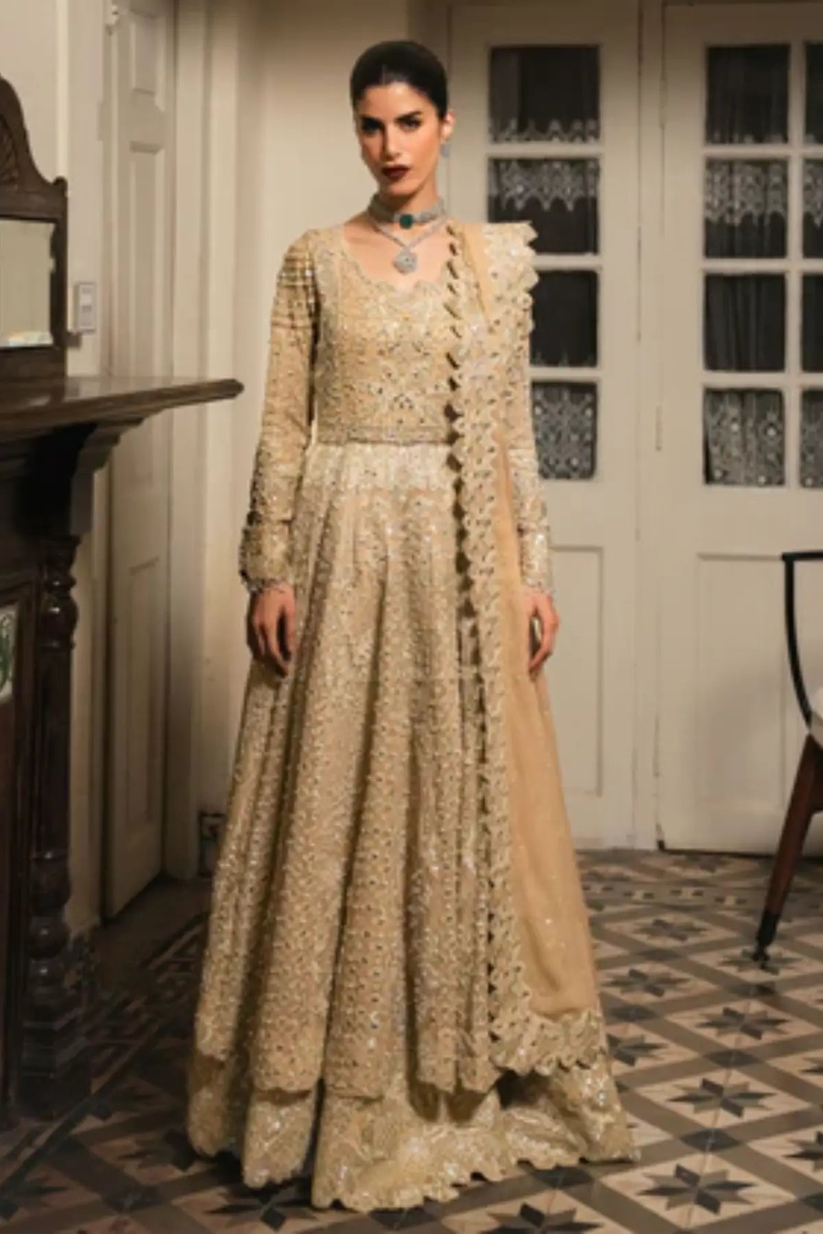 Moonveil Saira Shakira beige festive Eid pishwas with lehenga