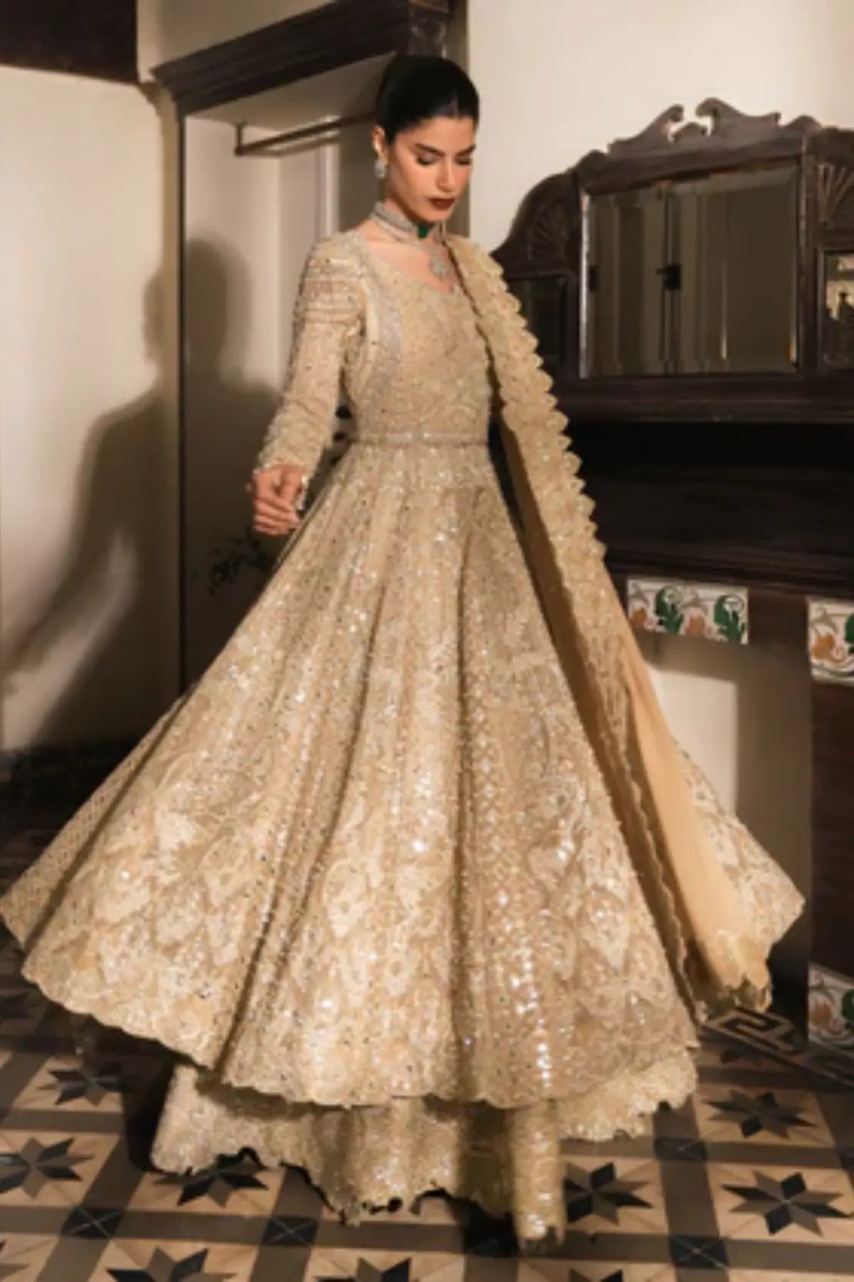 Moonveil Saira Shakira beige festive Eid pishwas with lehenga