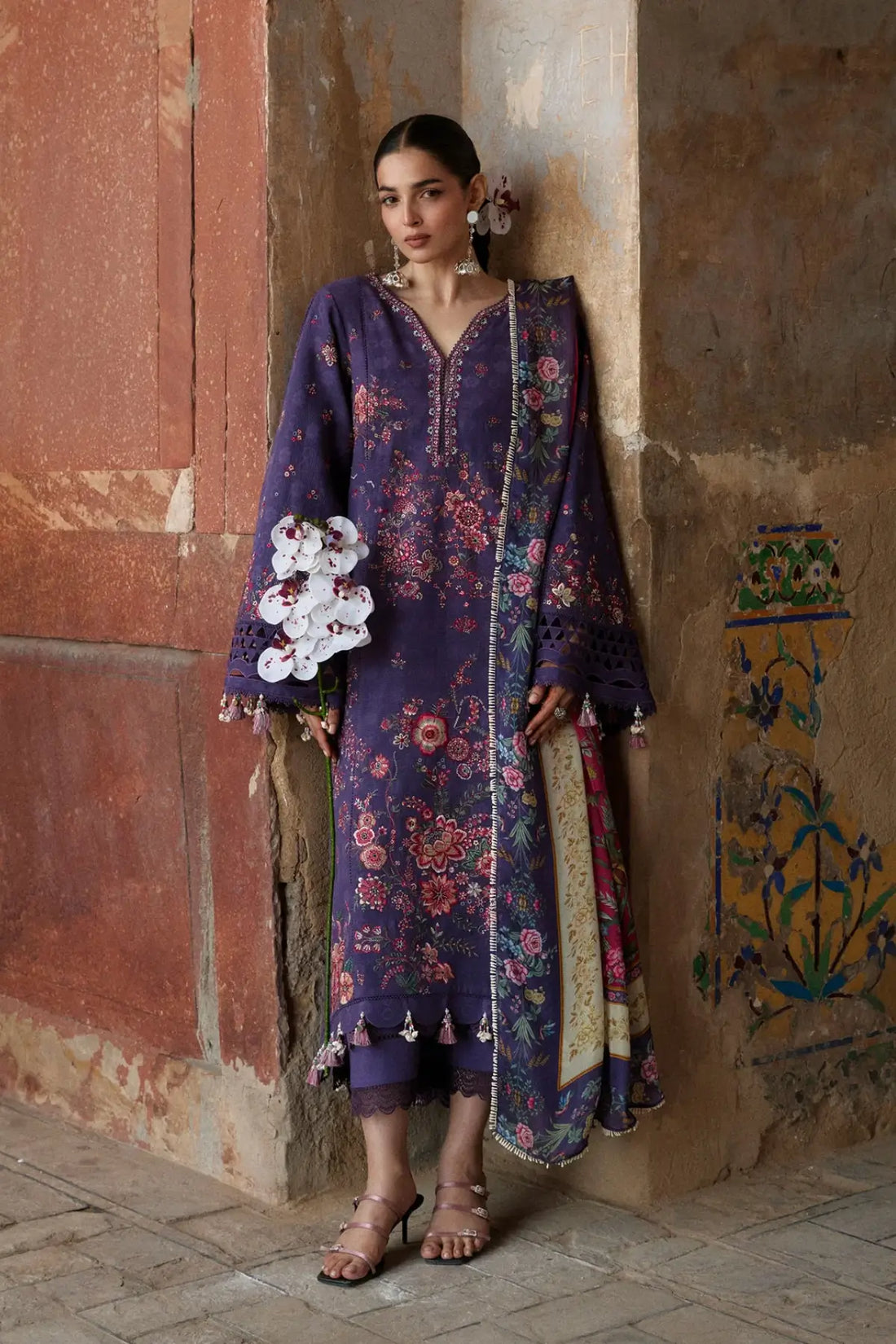 Mor purple jacquard lawn stitched 3PC suit with silk dupatta by Hussain Rehar