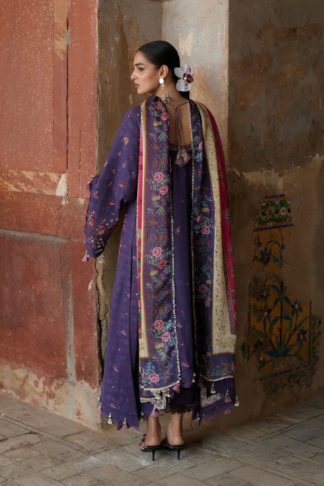 Mor purple jacquard lawn stitched 3PC suit with silk dupatta by Hussain Rehar
