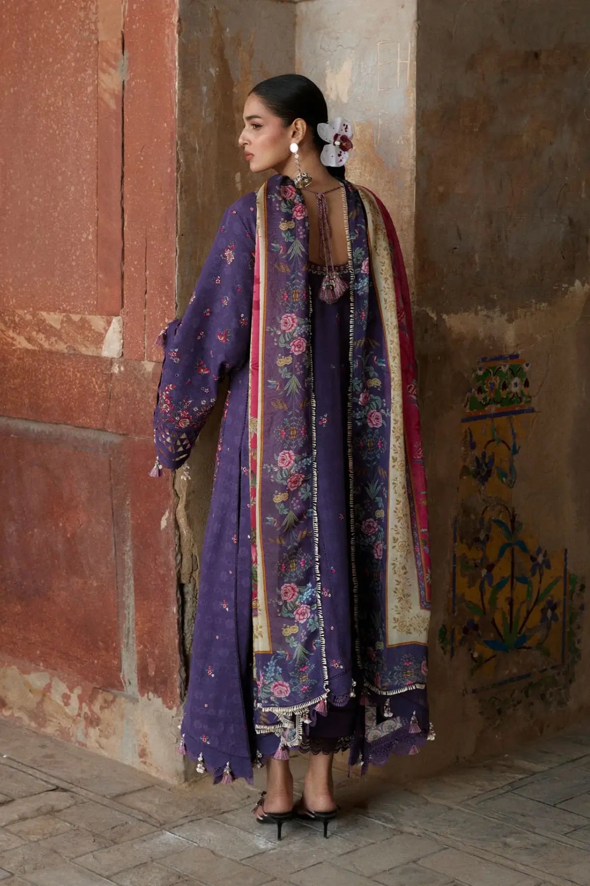 Mor purple jacquard lawn stitched 3PC suit with silk dupatta by Hussain Rehar