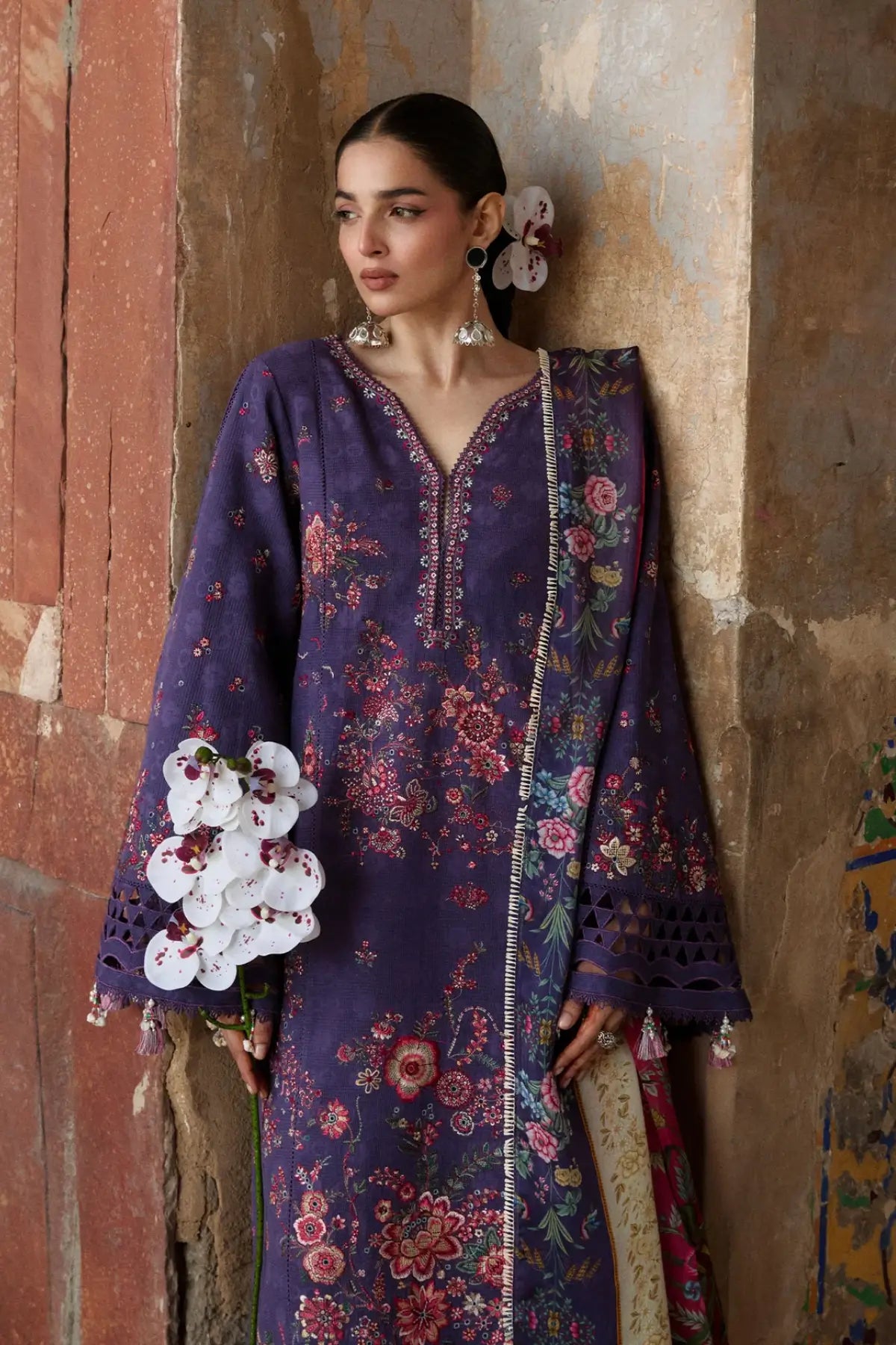 Mor purple jacquard lawn stitched 3PC suit with silk dupatta by Hussain Rehar