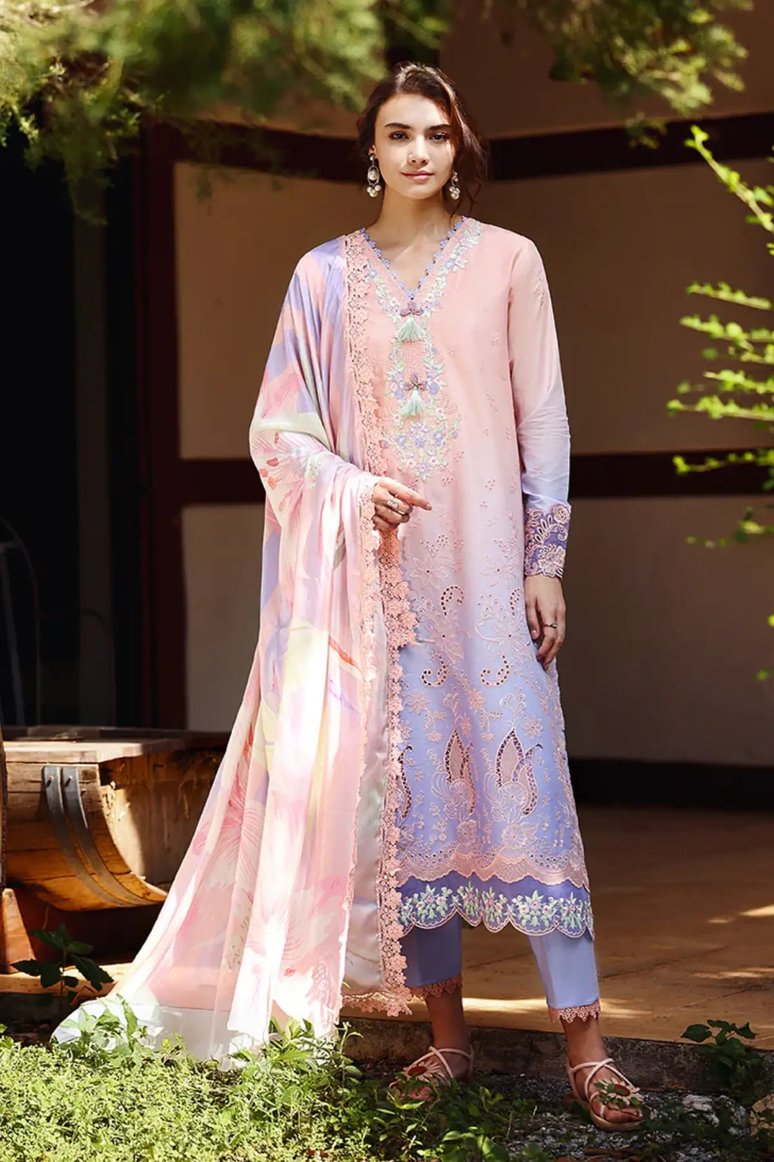 Morning Veil Mushq lavender pink chikankari lawn 3pc stitched suit with silk dupatta
