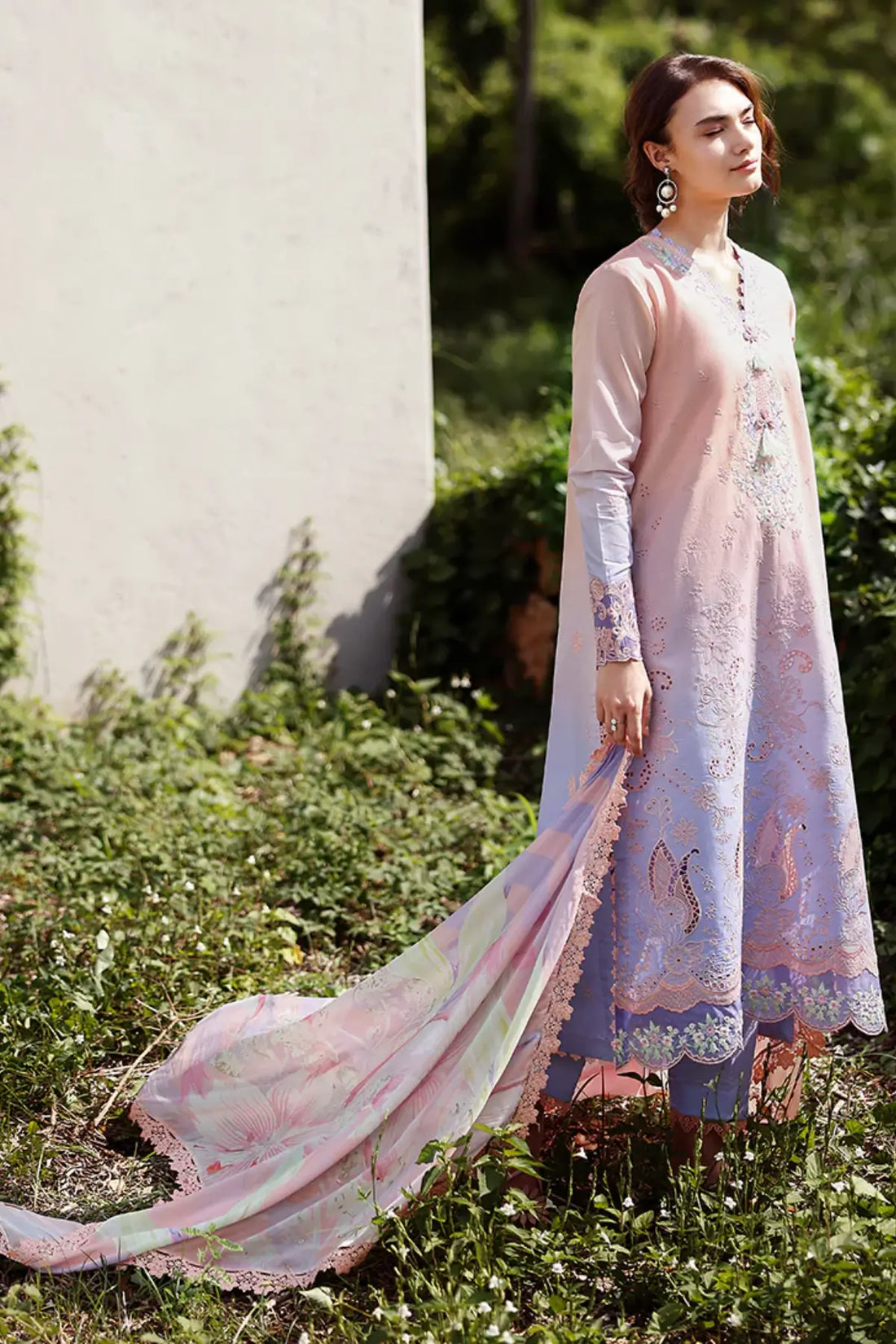 Morning Veil Mushq lavender pink chikankari lawn 3pc stitched suit with silk dupatta