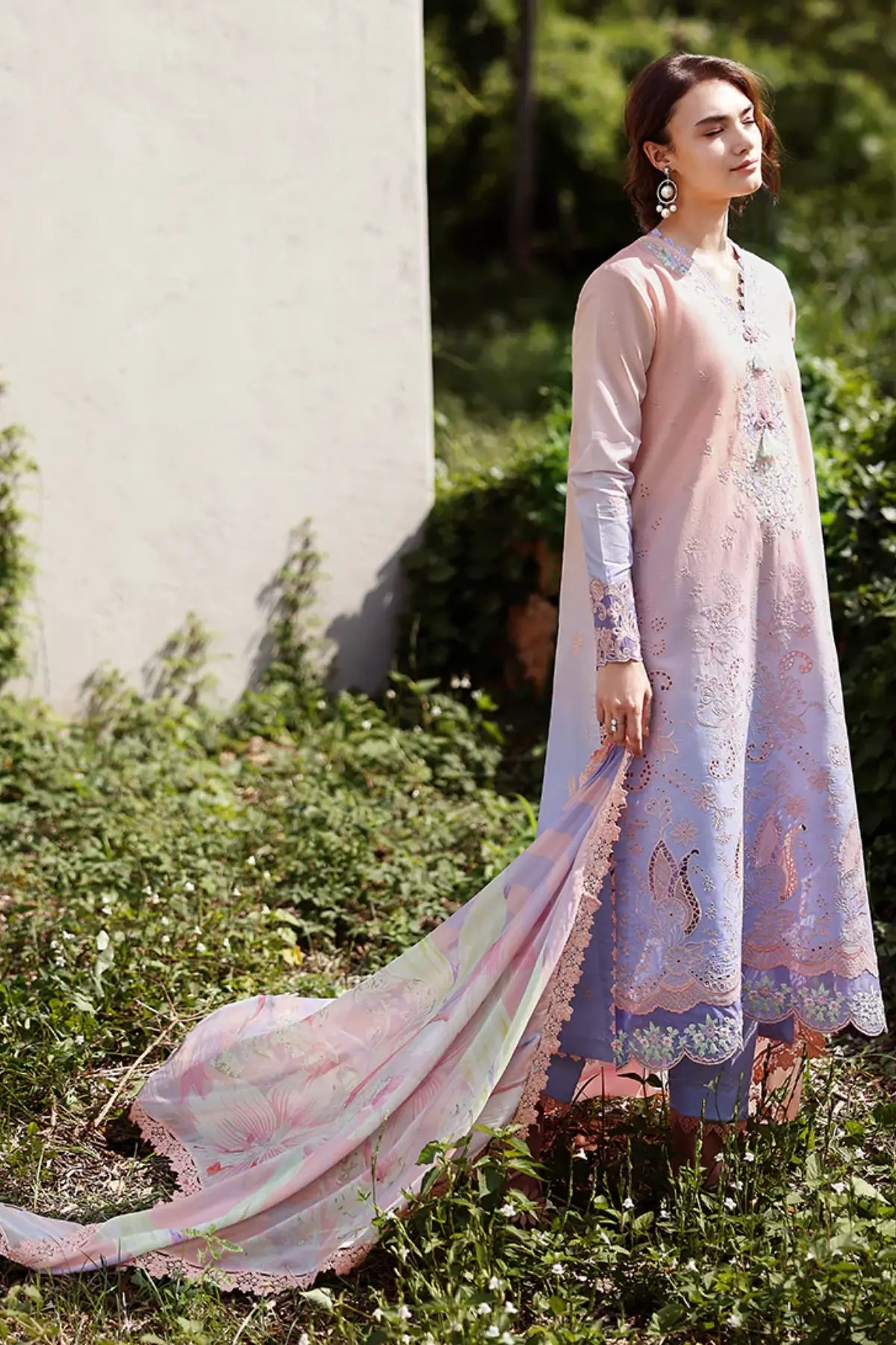 Morning Veil Mushq lavender pink chikankari lawn 3pc stitched suit with silk dupatta