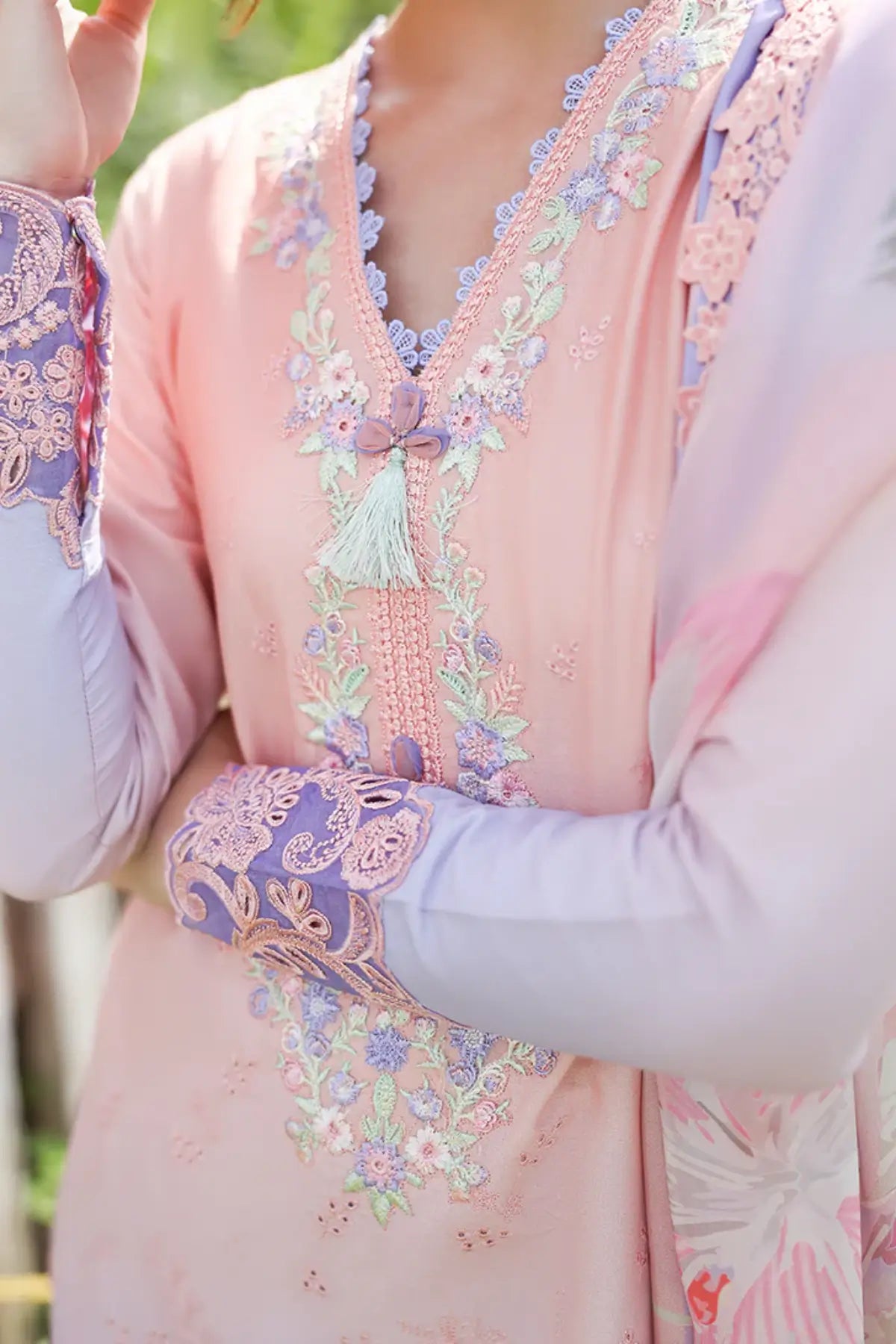 Morning Veil Mushq lavender pink chikankari lawn 3pc stitched suit with silk dupatta
